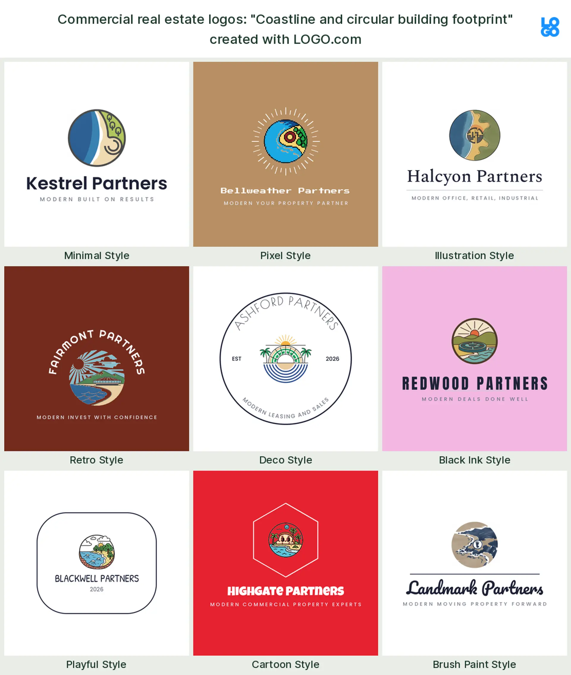 The "Coastline and circular building footprint" commercial real estate logo idea, shown across nine styles on LOGO.com