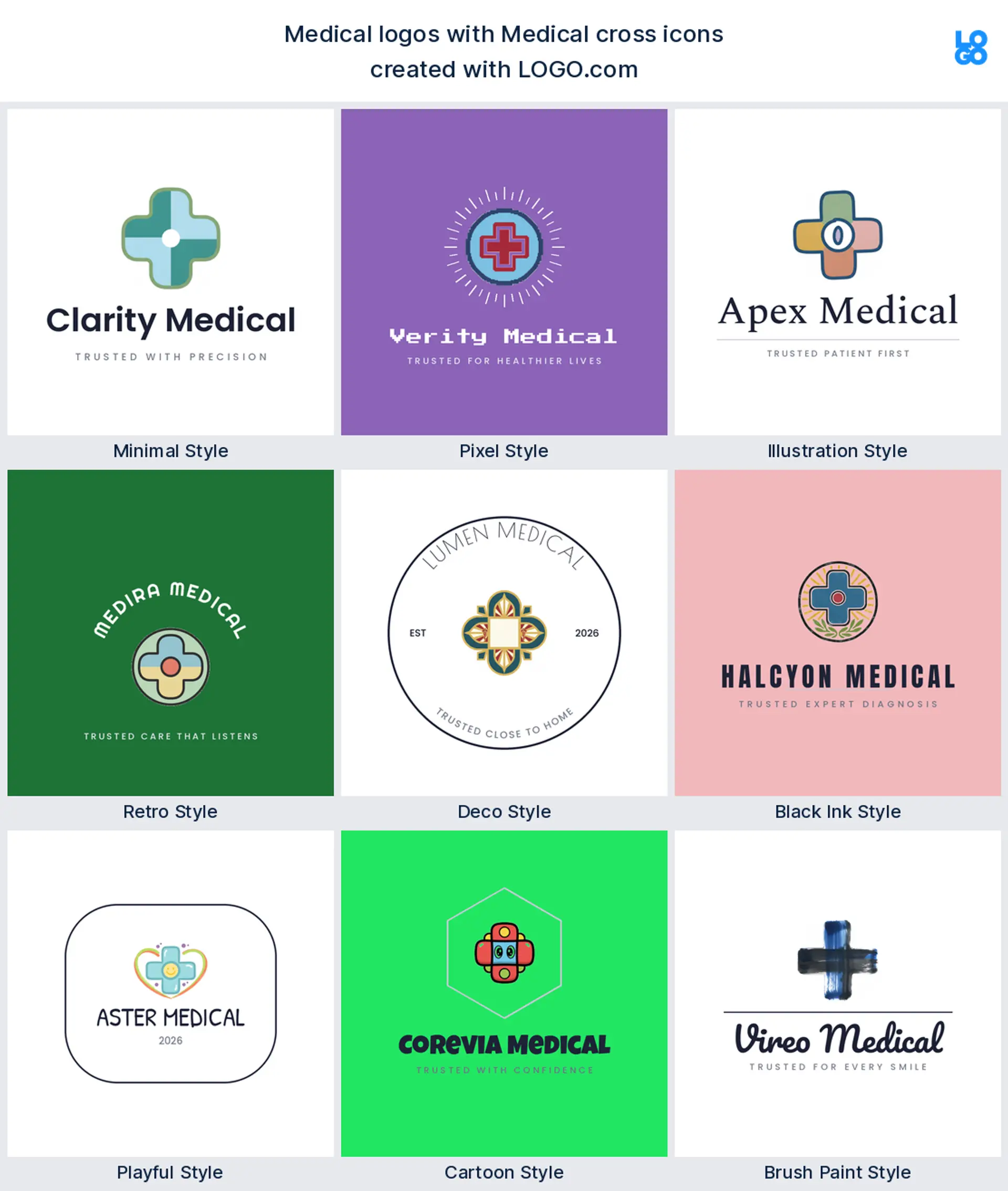 Medical cross shown across nine LOGO.com medical logo styles
