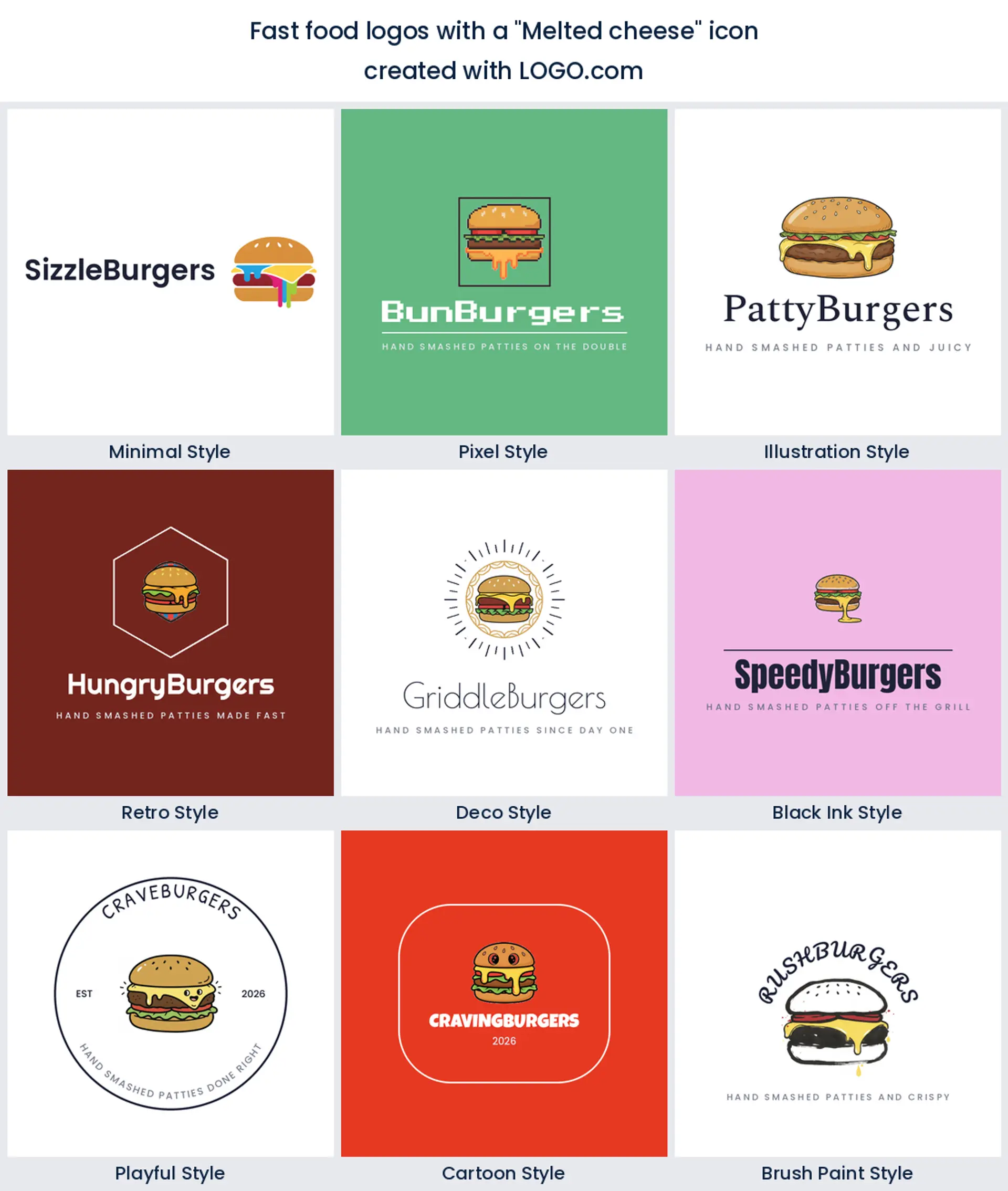 Melted cheese fast food logo shown in nine LOGO.com styles.