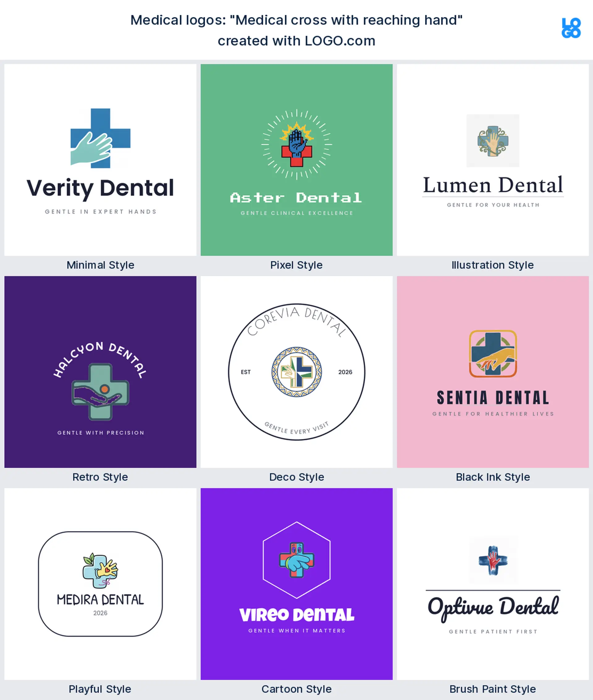 The "Medical cross with reaching hand" medical logo idea shown across nine LOGO.com styles