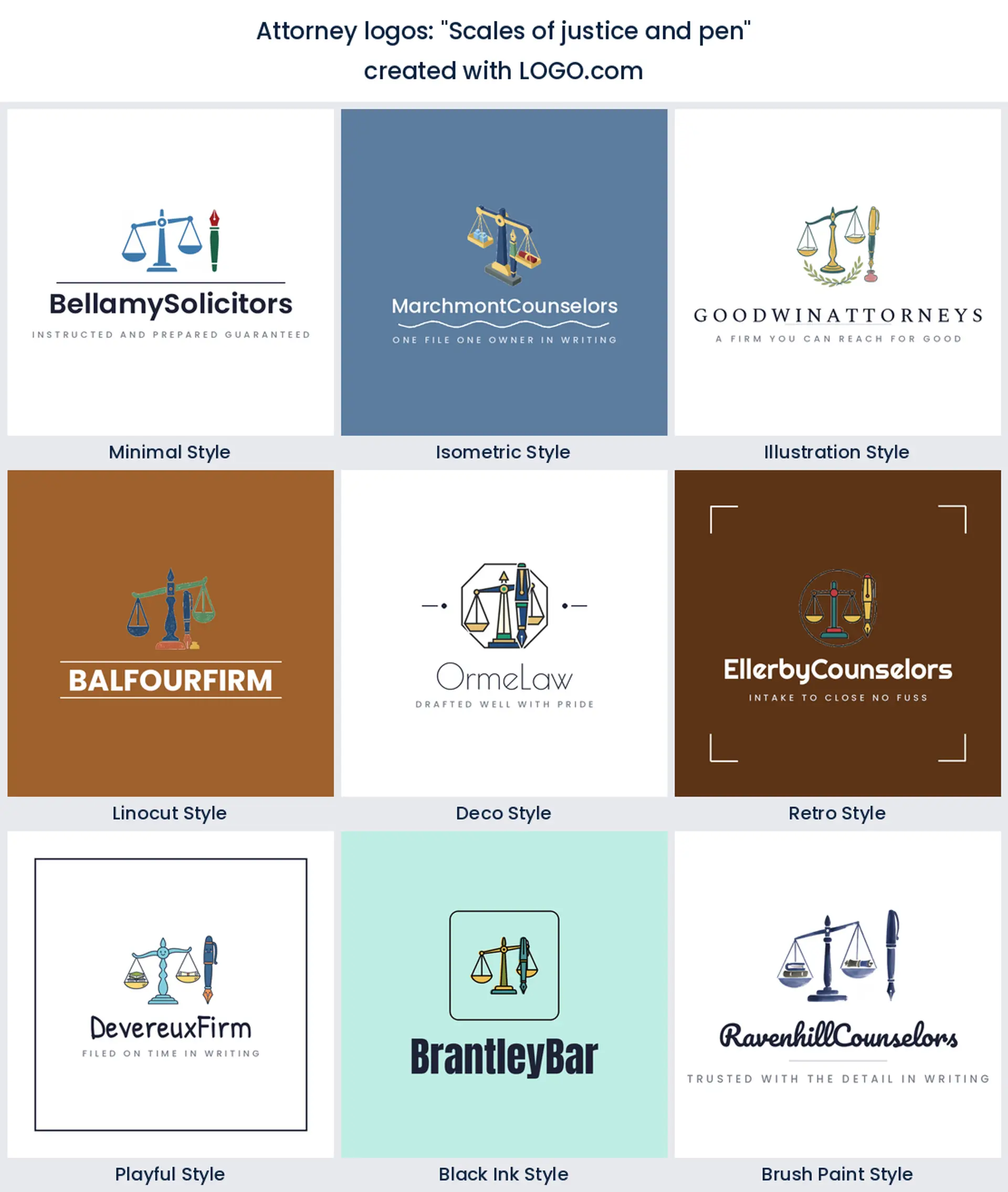 Nine styles of attorney logo with balanced scales beside an upright fountain pen