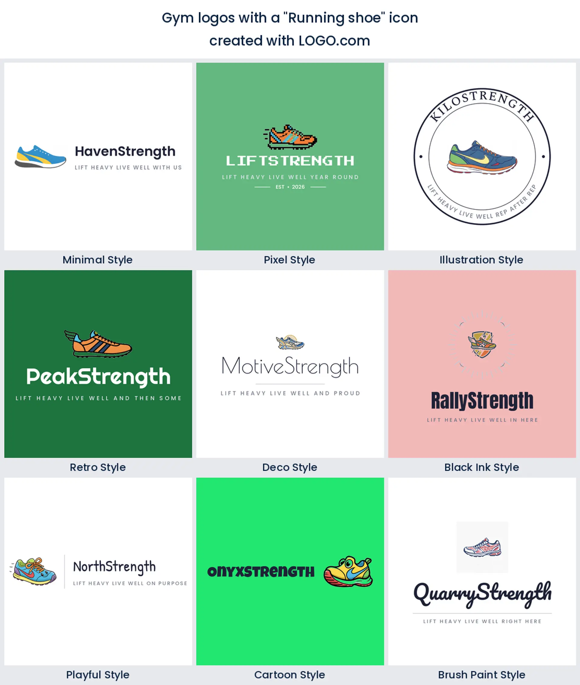 Running shoe gym logo shown across nine LOGO.com styles