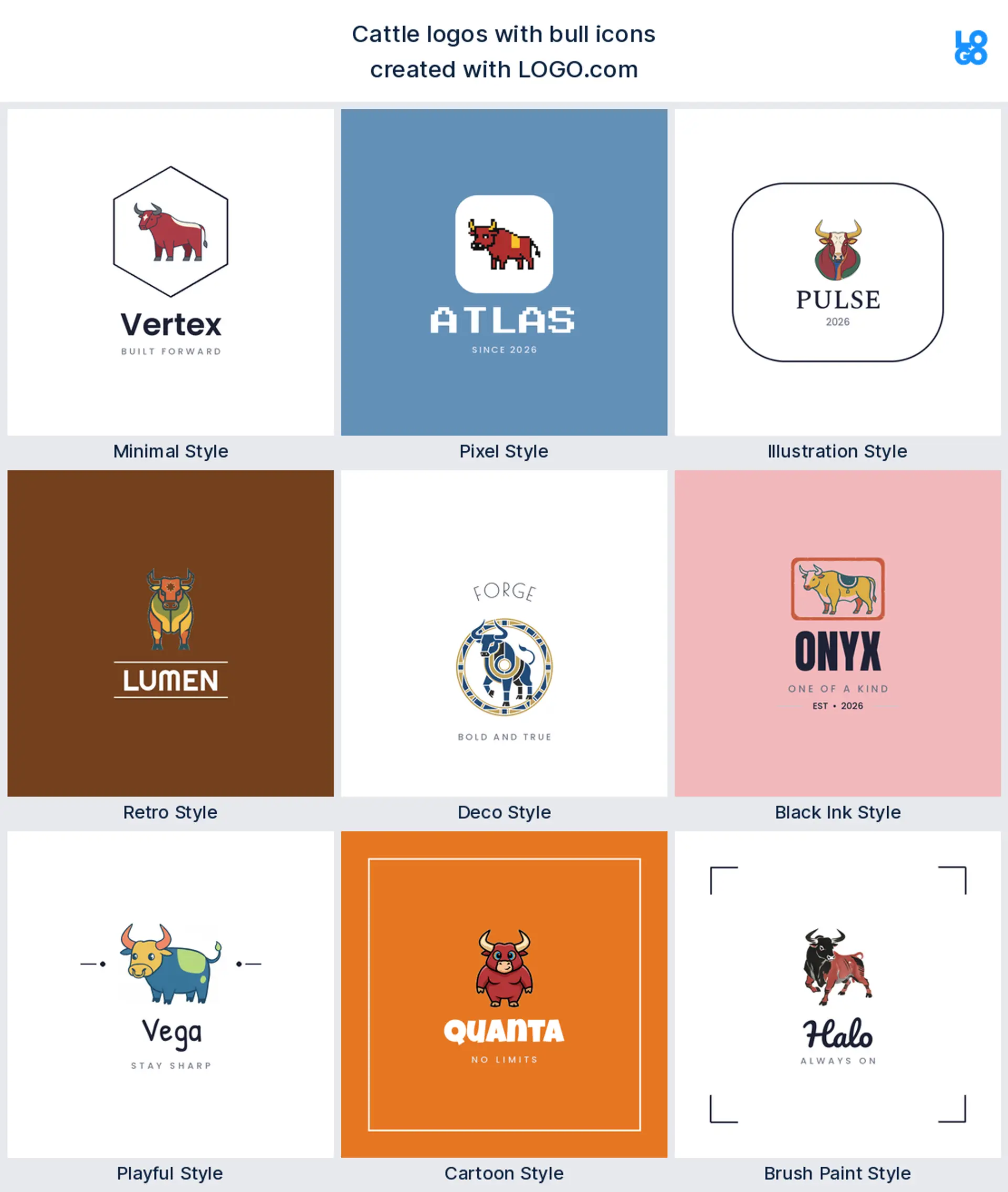 Bull cattle logo shown in nine LOGO.com styles