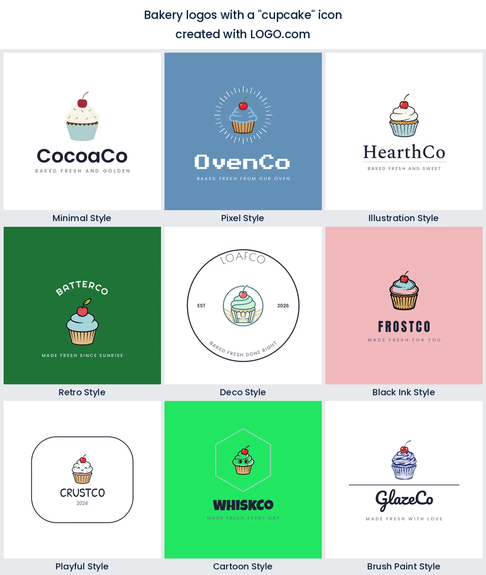Cupcake bakery logo shown in nine LOGO.com styles.