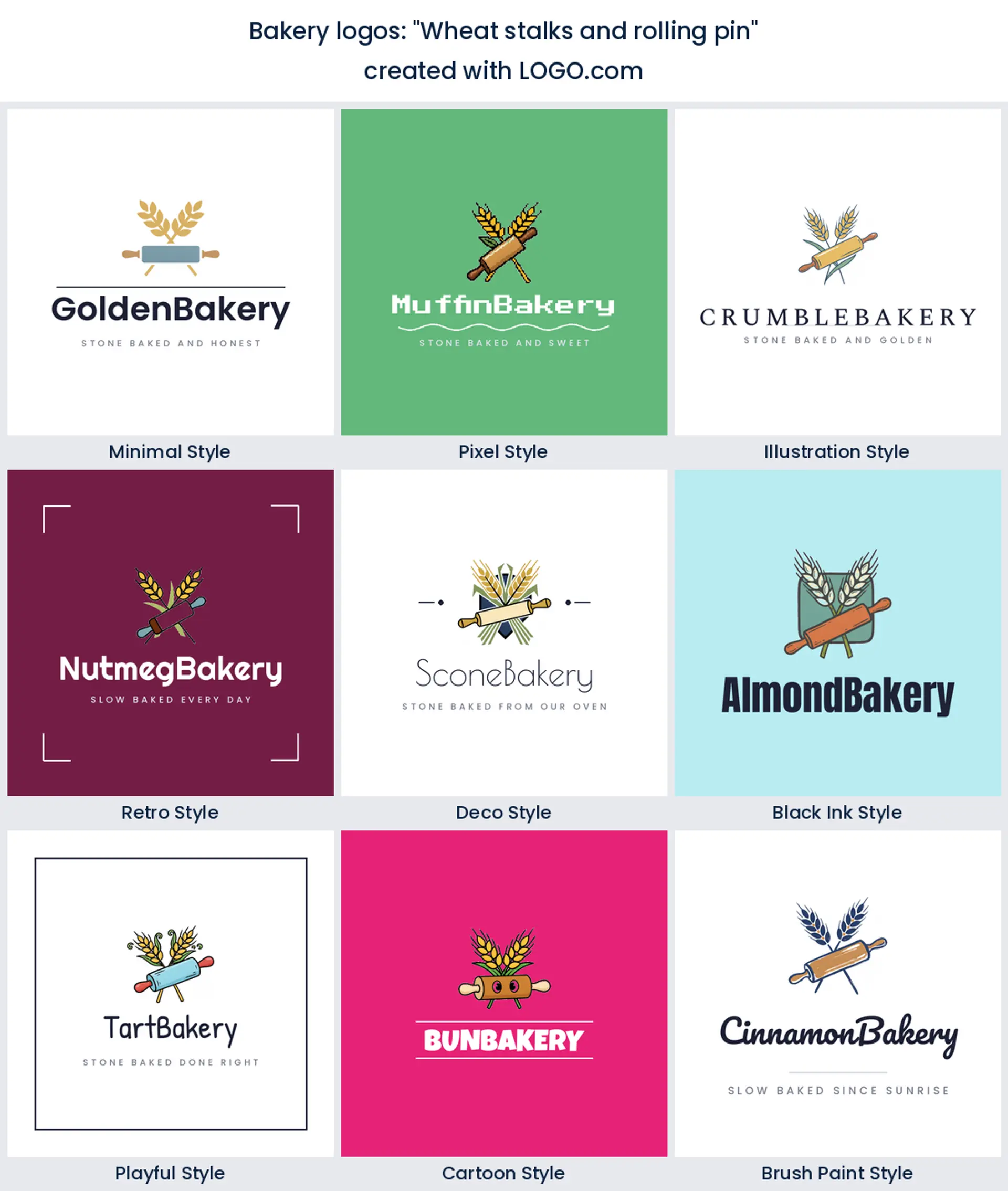 Wheat stalks and rolling pin bakery logo in nine styles.