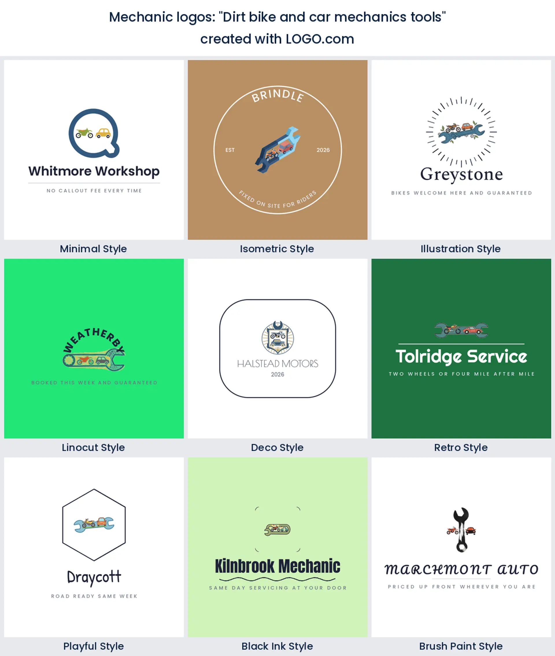 Dirt bike and car mechanic tools logo in nine styles
