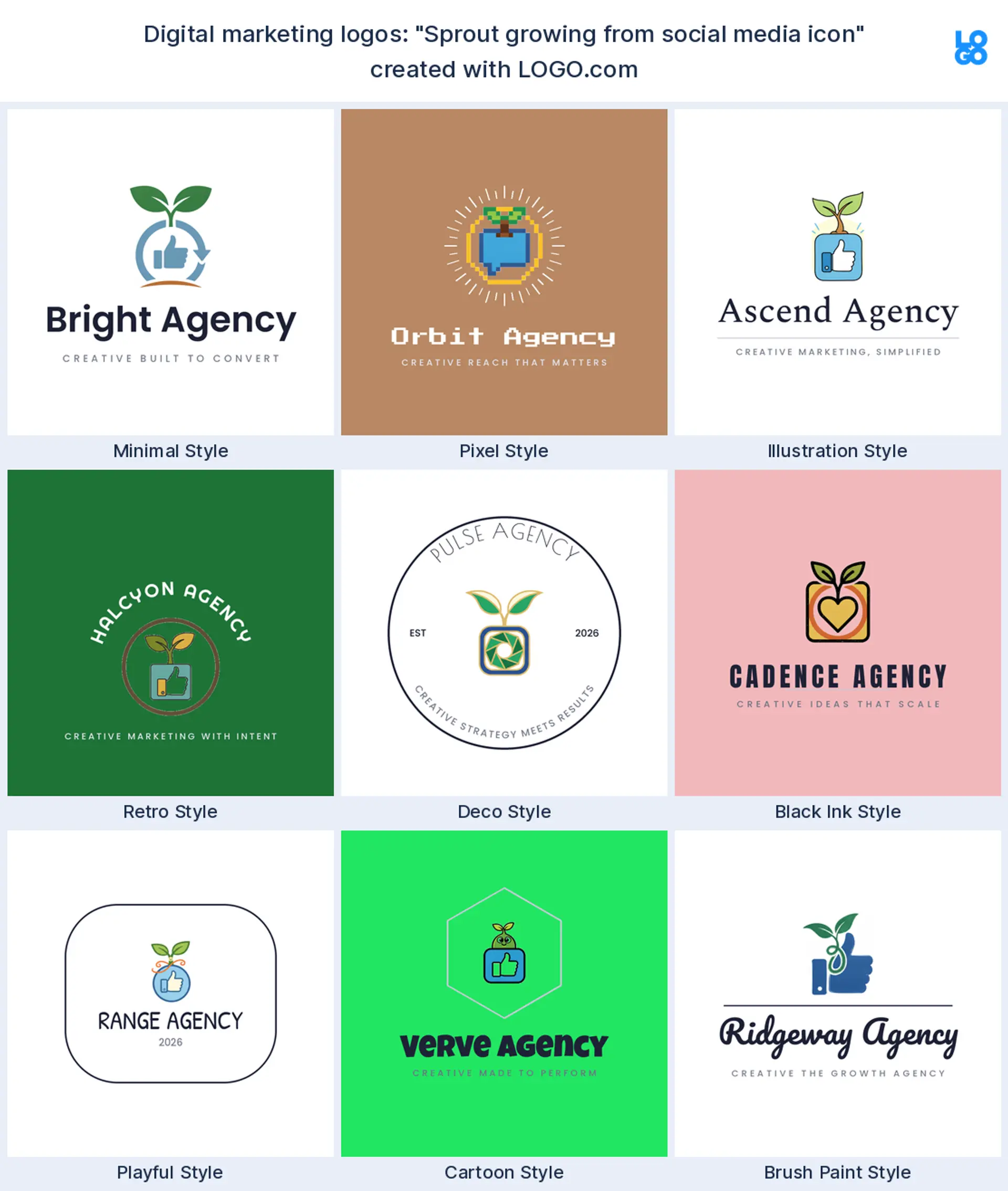 The "Sprout growing from social media icon" digital marketing logo idea, shown across nine styles on LOGO.com