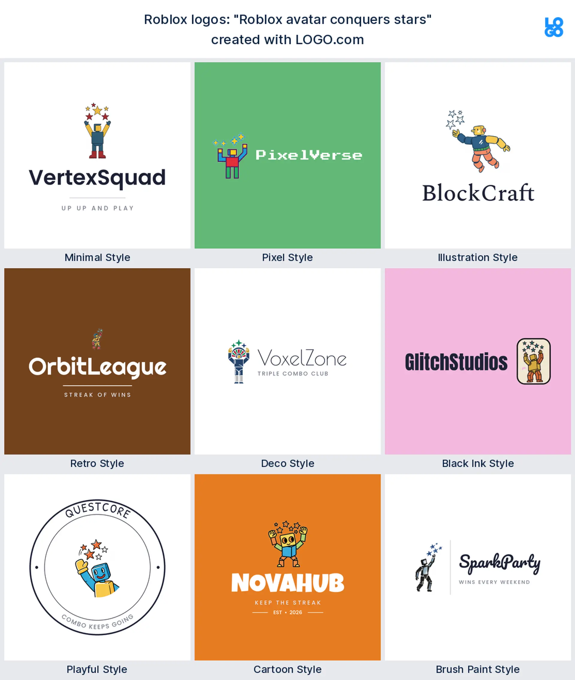 Roblox logos built from the founder prompt "Roblox avatar conquers stars"