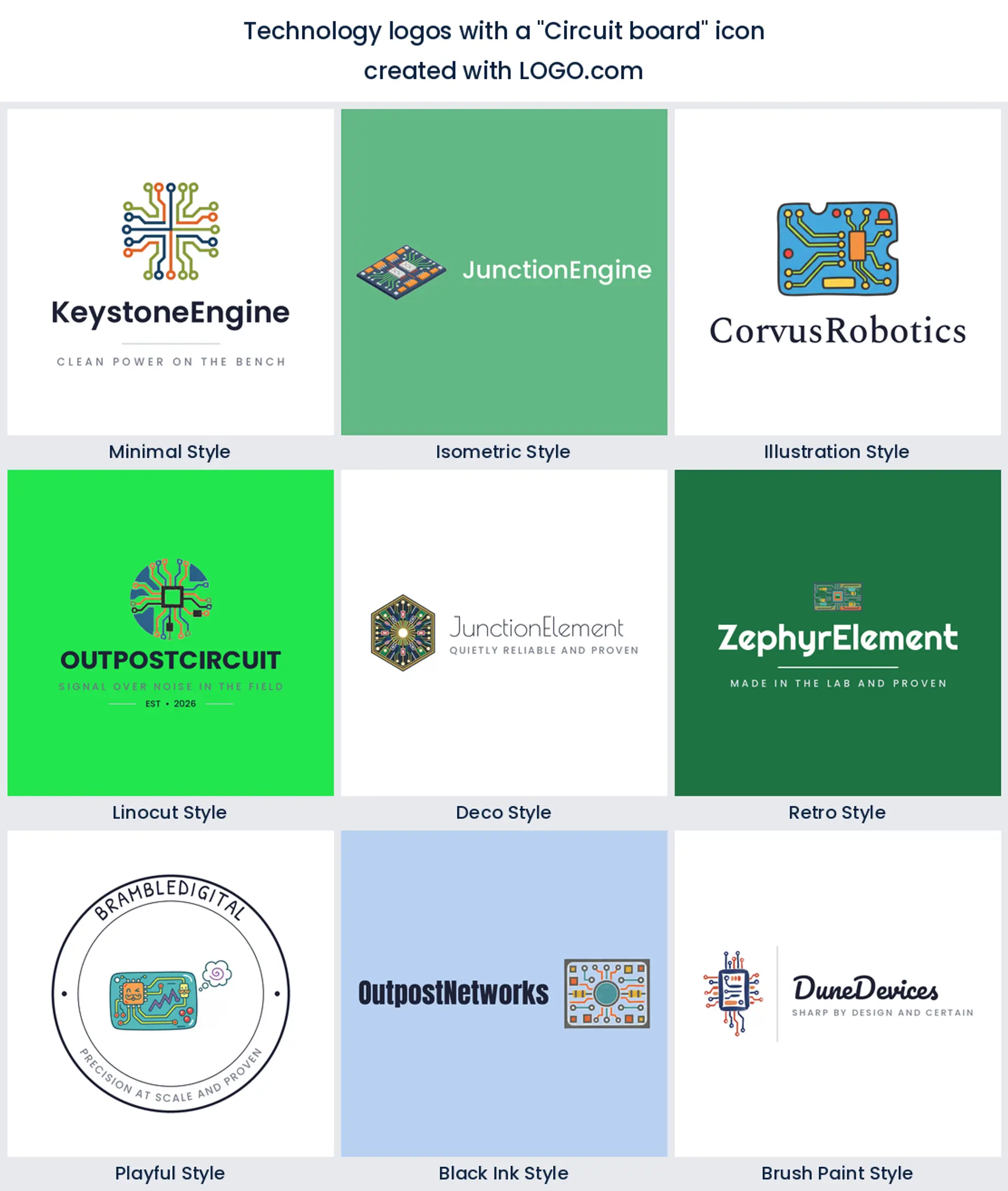 Circuit board technology logo shown in nine LOGO.com styles.
