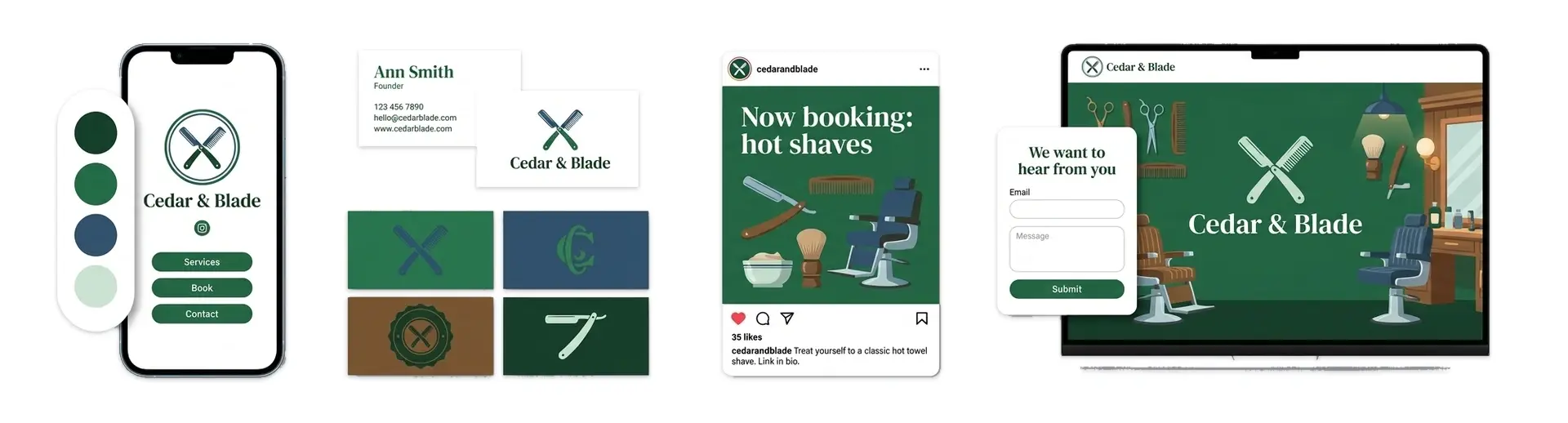 A barber logo shown on a shop window, a business card, and a phone.