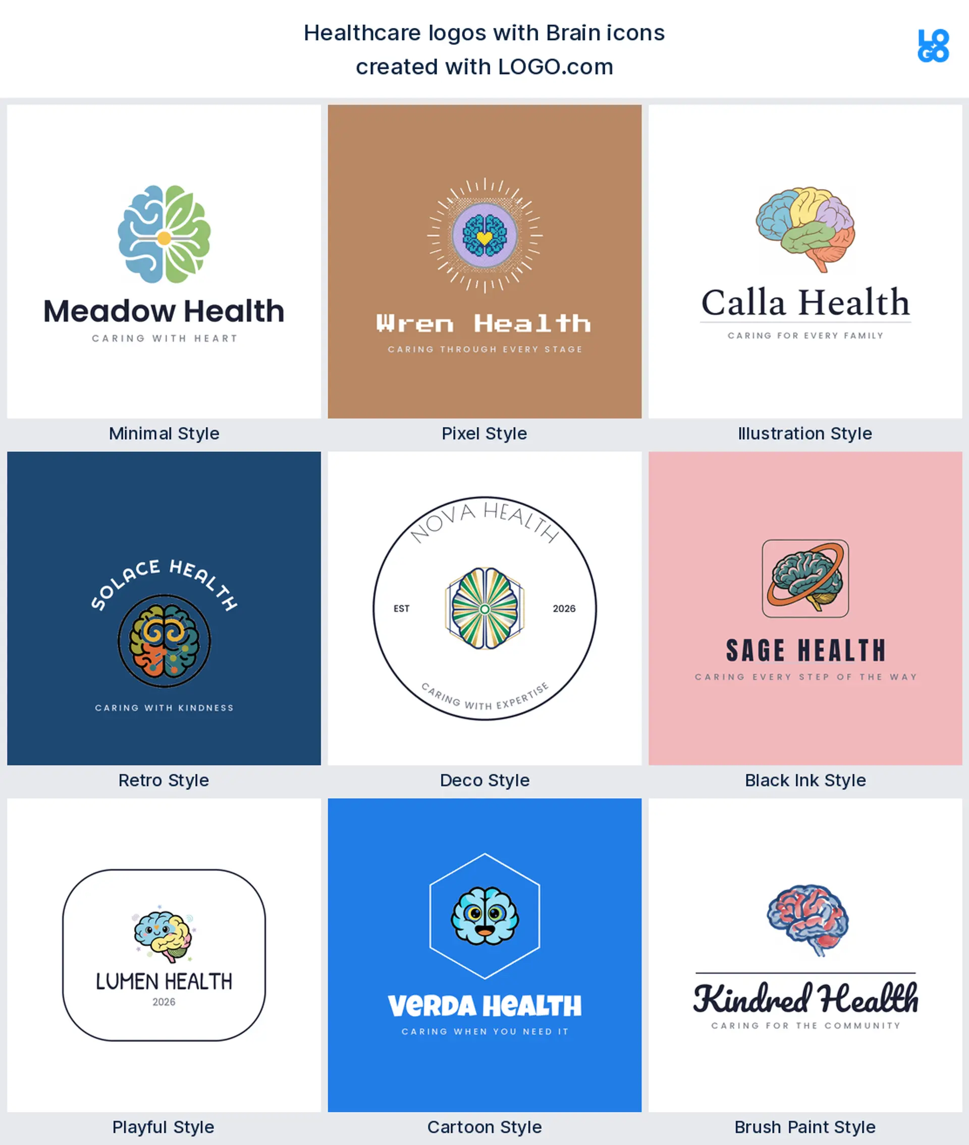 Brain shown across nine LOGO.com healthcare logo styles