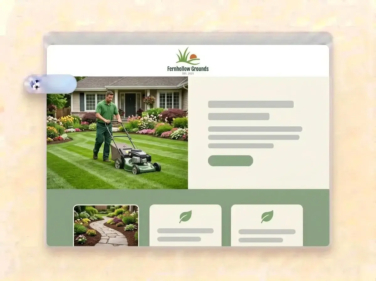Finished Fernhollow Grounds website built by LOGO.com from the uploaded logo, with a landscaper mowing a striped front lawn in the hero photo
