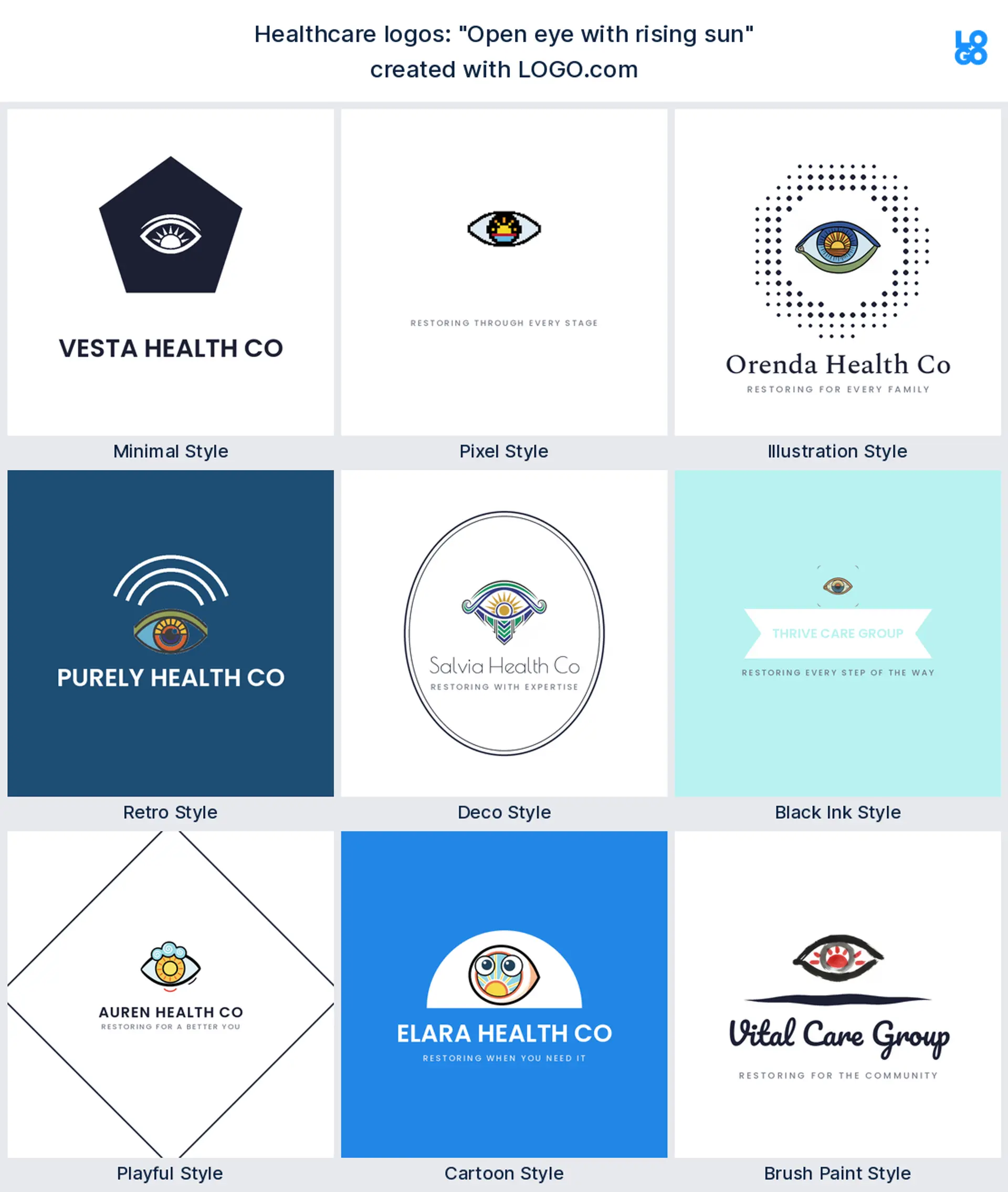 The "Open eye with rising sun" healthcare logo idea shown across nine LOGO.com styles