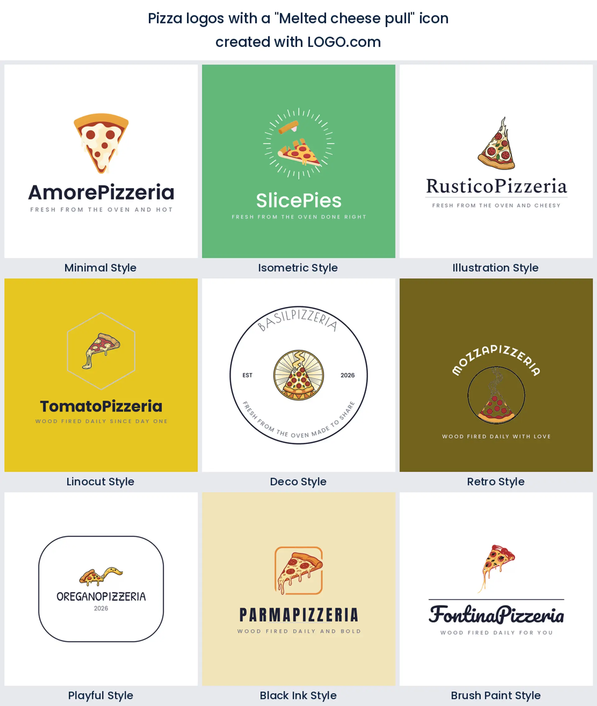Melted cheese pull pizza logo shown in nine LOGO.com styles.