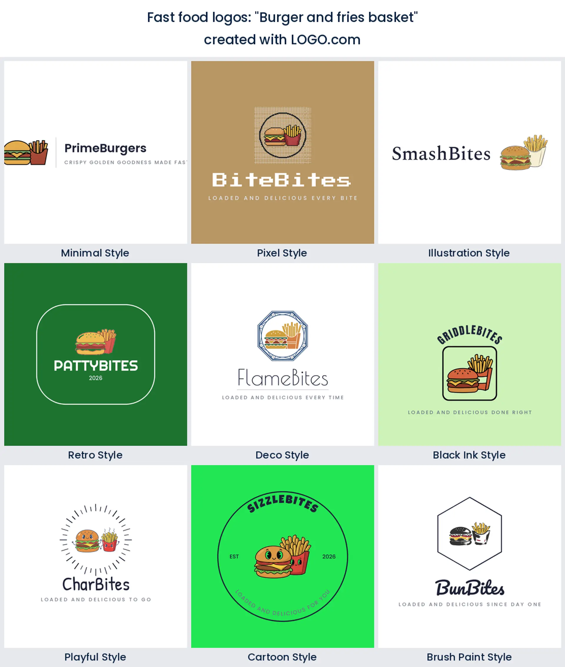 Burger and fries basket logo in nine styles.