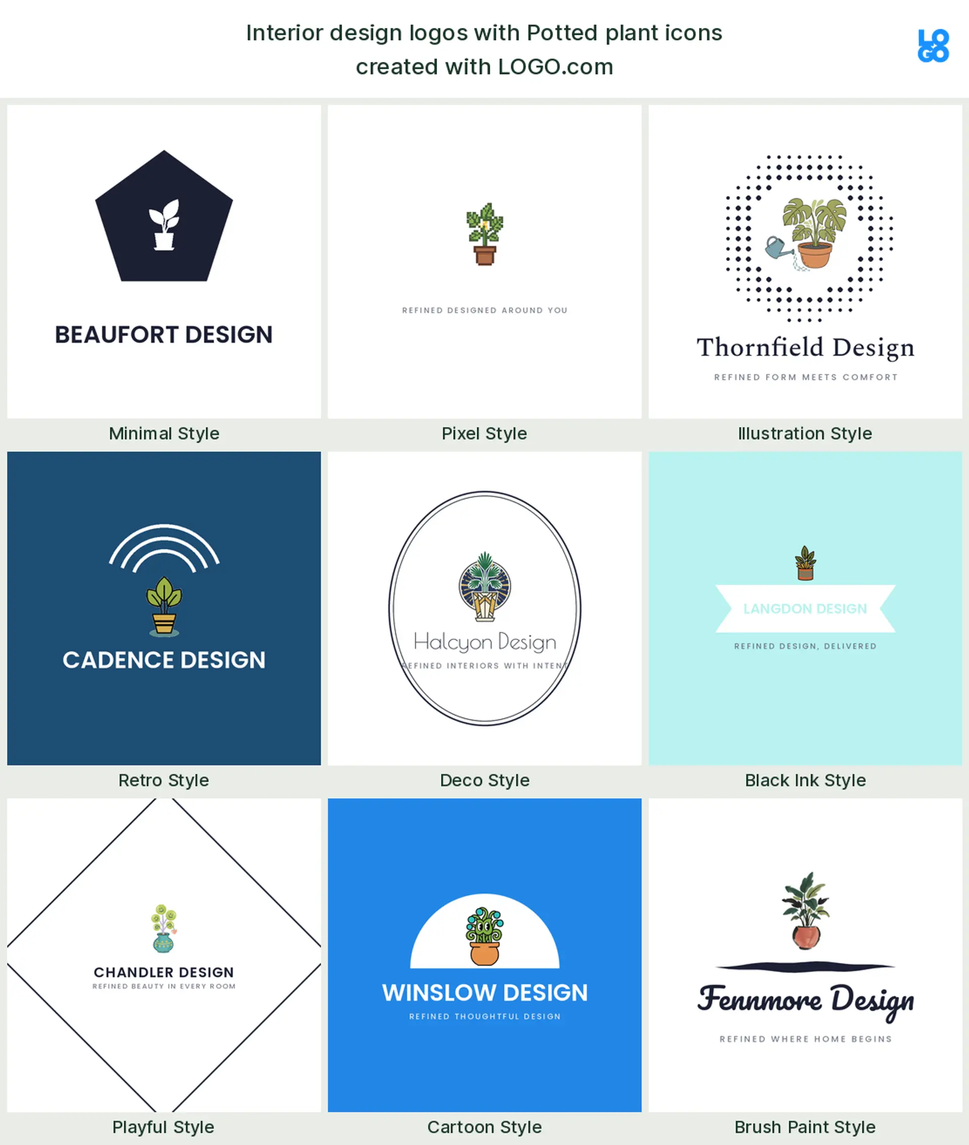 Potted plant, a popular interior design logo symbol, shown across nine styles on LOGO.com