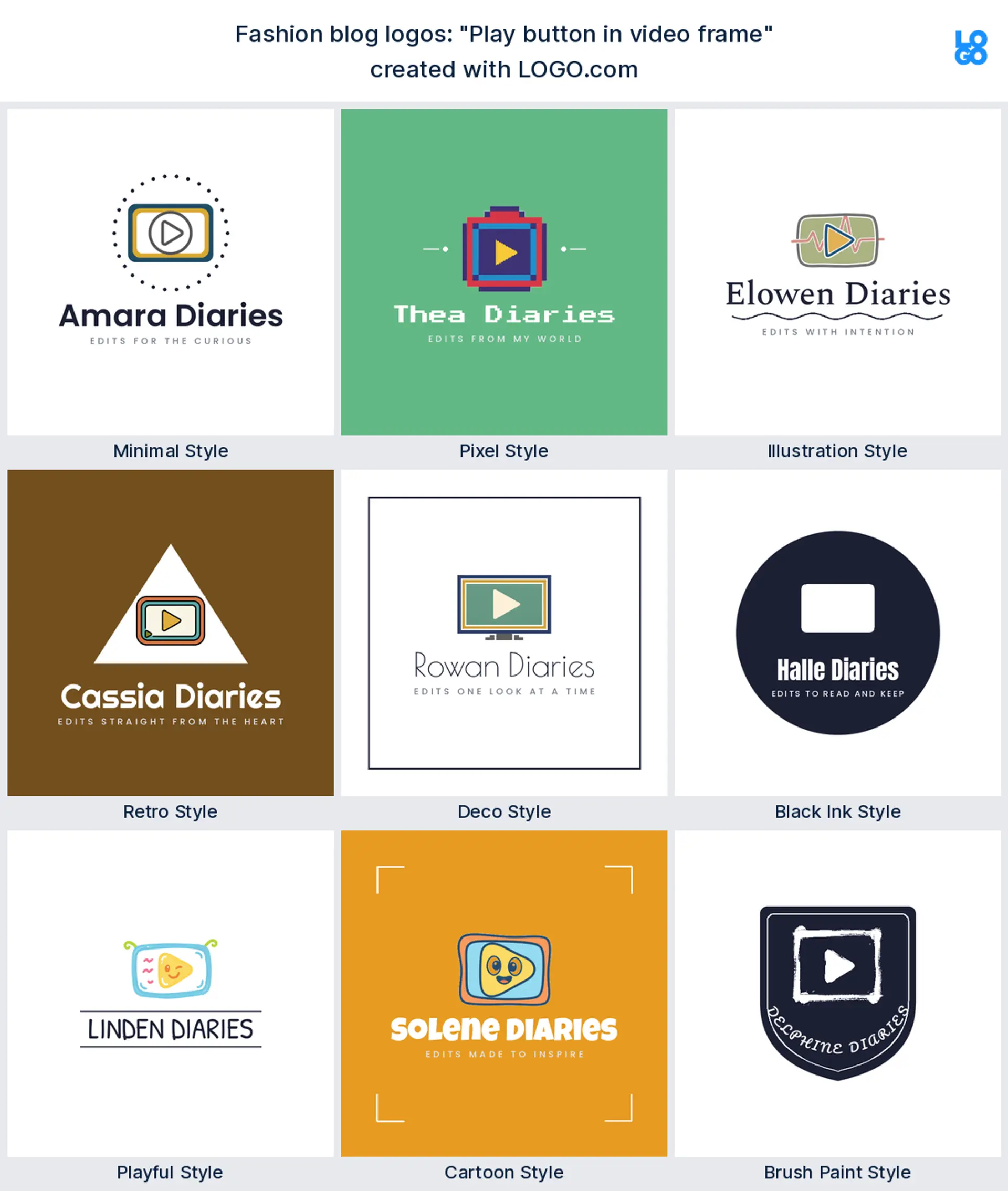 The "Play button in video frame" logo idea shown across nine LOGO.com styles