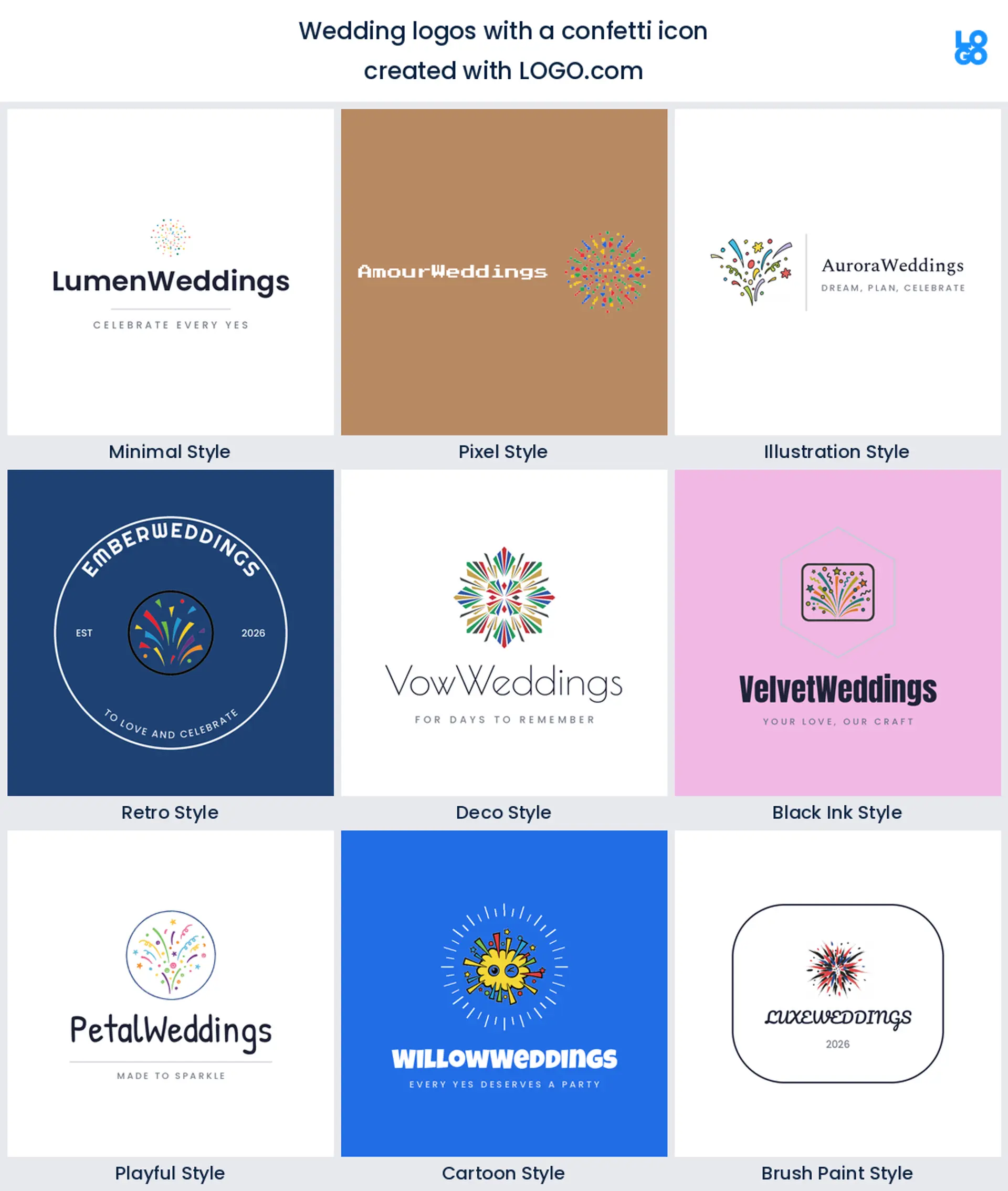 Confetti wedding logo shown in nine LOGO.com styles