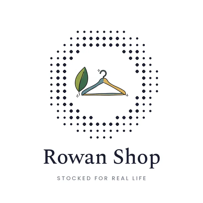 A leaf beside a clothing hanger, an eco thrift store logo in an illustrated style