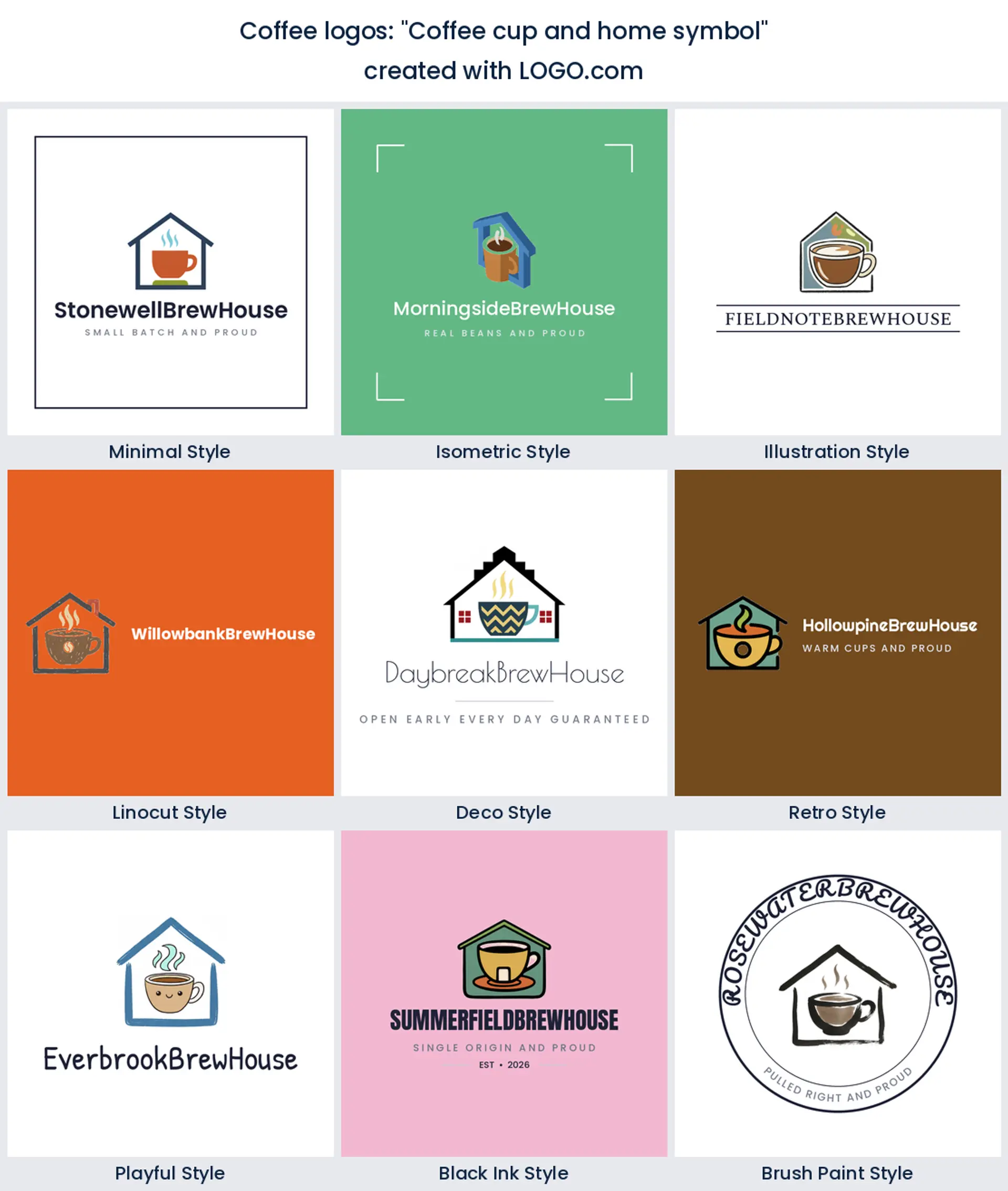 Coffee cup and home symbol coffee logo idea shown in nine LOGO.com styles