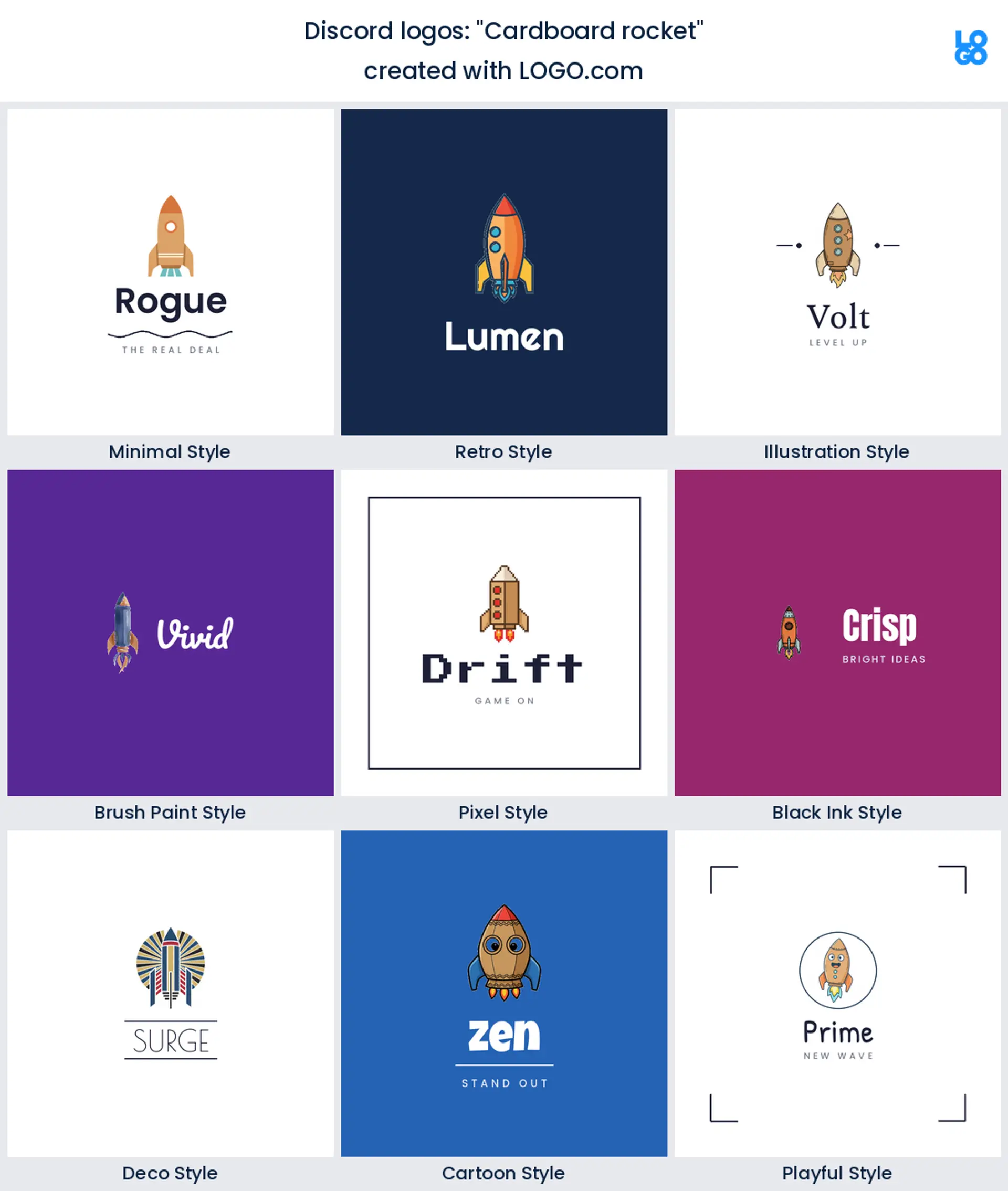 Cardboard rocket, Discord server logo shown in nine LOGO.com styles