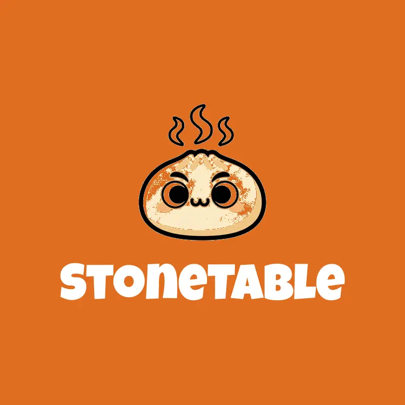 A cartoon bao bun Asian restaurant logo on an orange background.