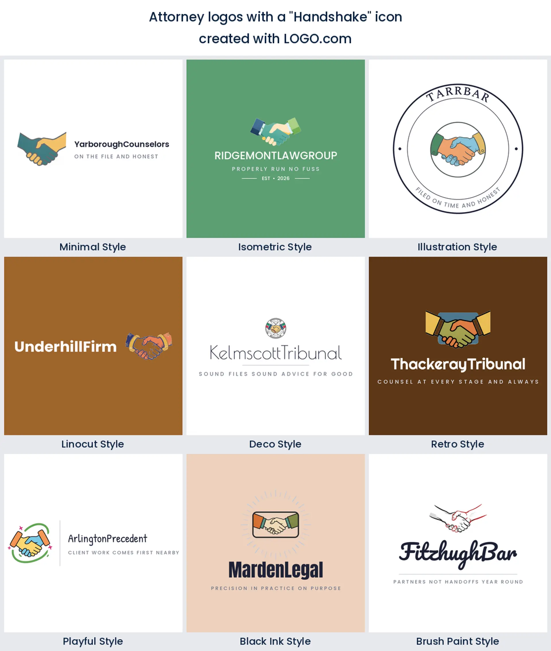 Nine styles of legal firm logo built on two clasped hands in a handshake