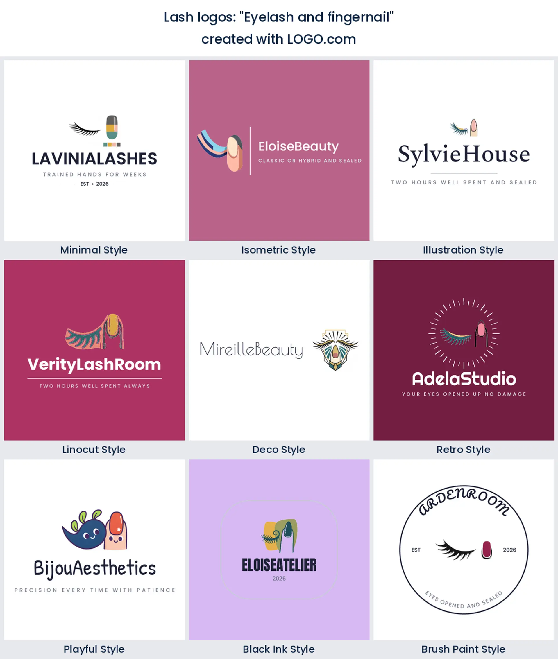 A lash logo built from the founder prompt "eyelash and fingernail", shown in nine design styles.