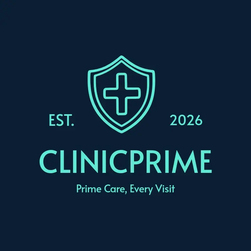 The medical practice name ClinicPrime as a branded logo with a single color icon
