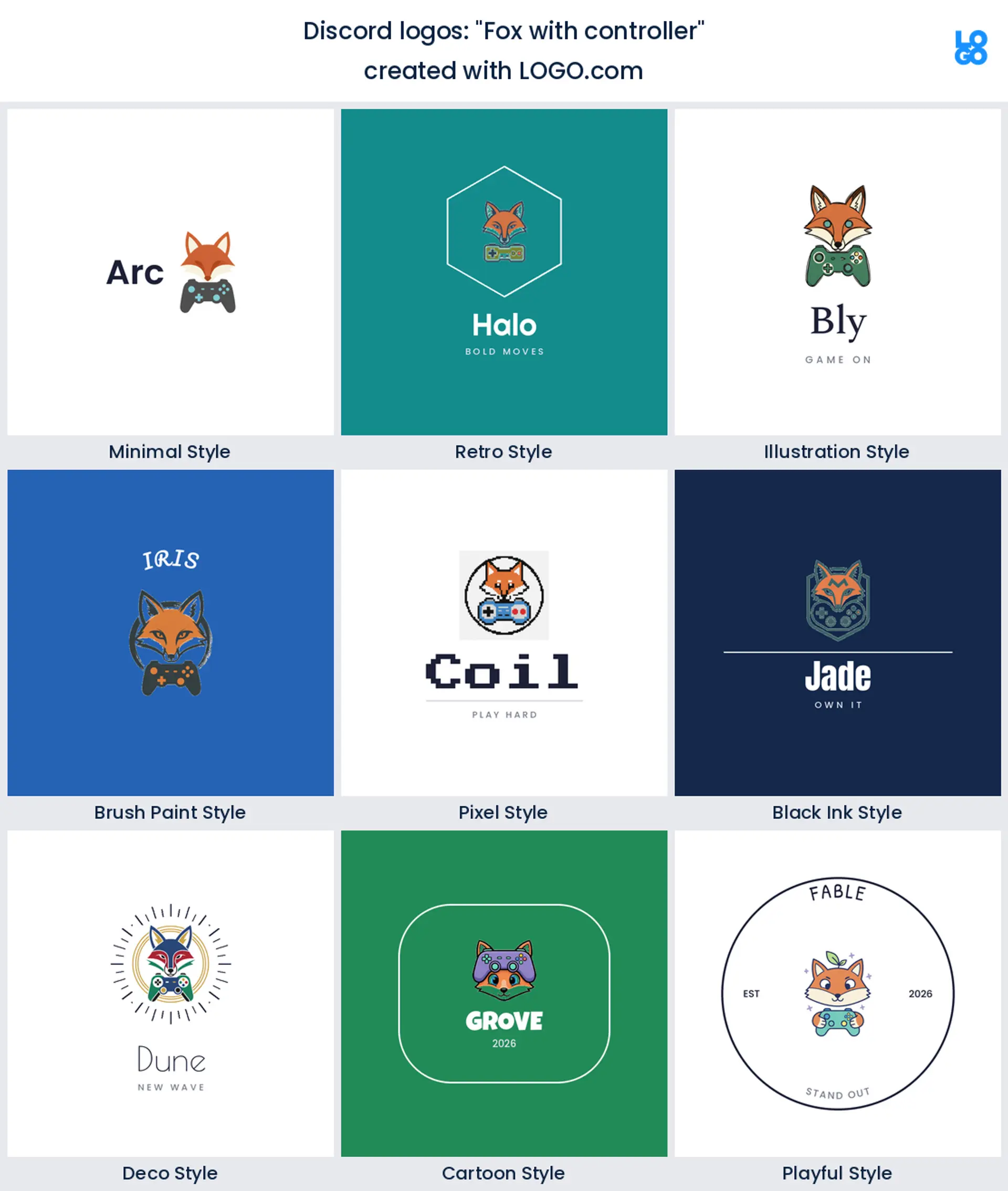 Fox with controller, Discord server logo shown in nine LOGO.com styles