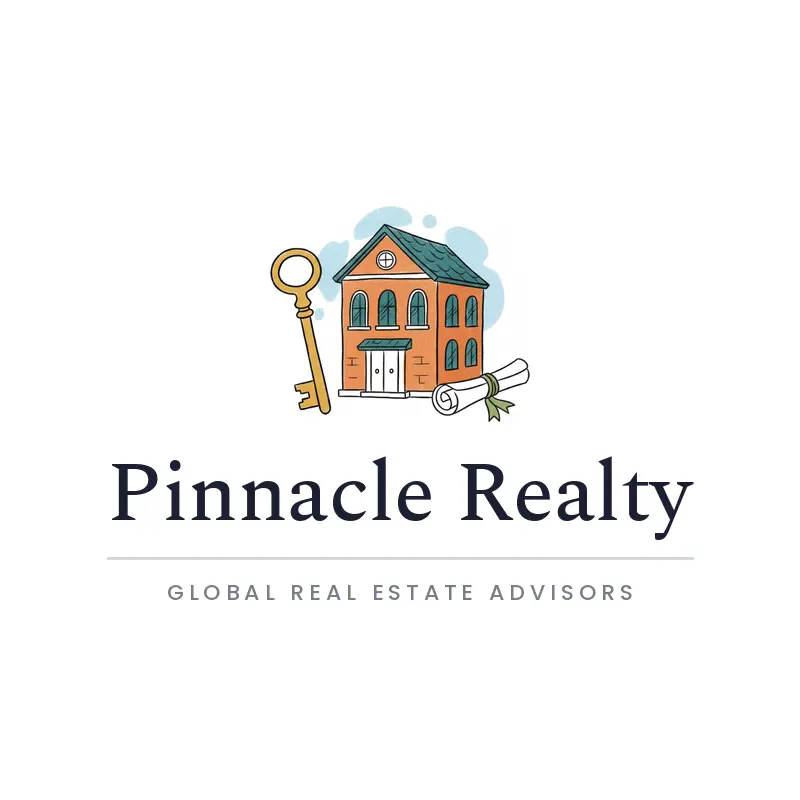 A building with a key and a document, a full service real estate company logo in an illustrated style