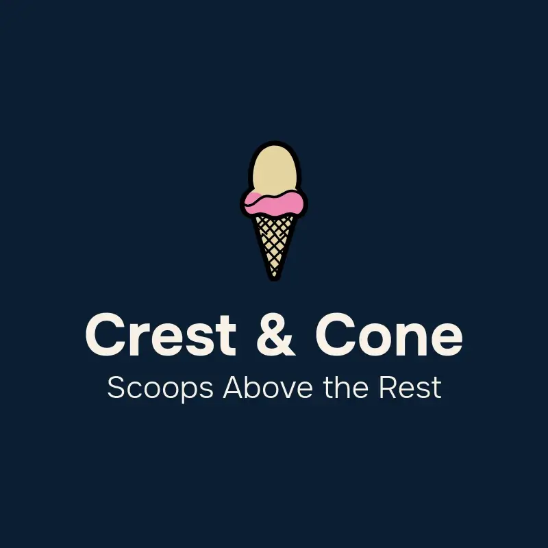 The ice cream shop name Crest & Cone as a branded logo with a color icon