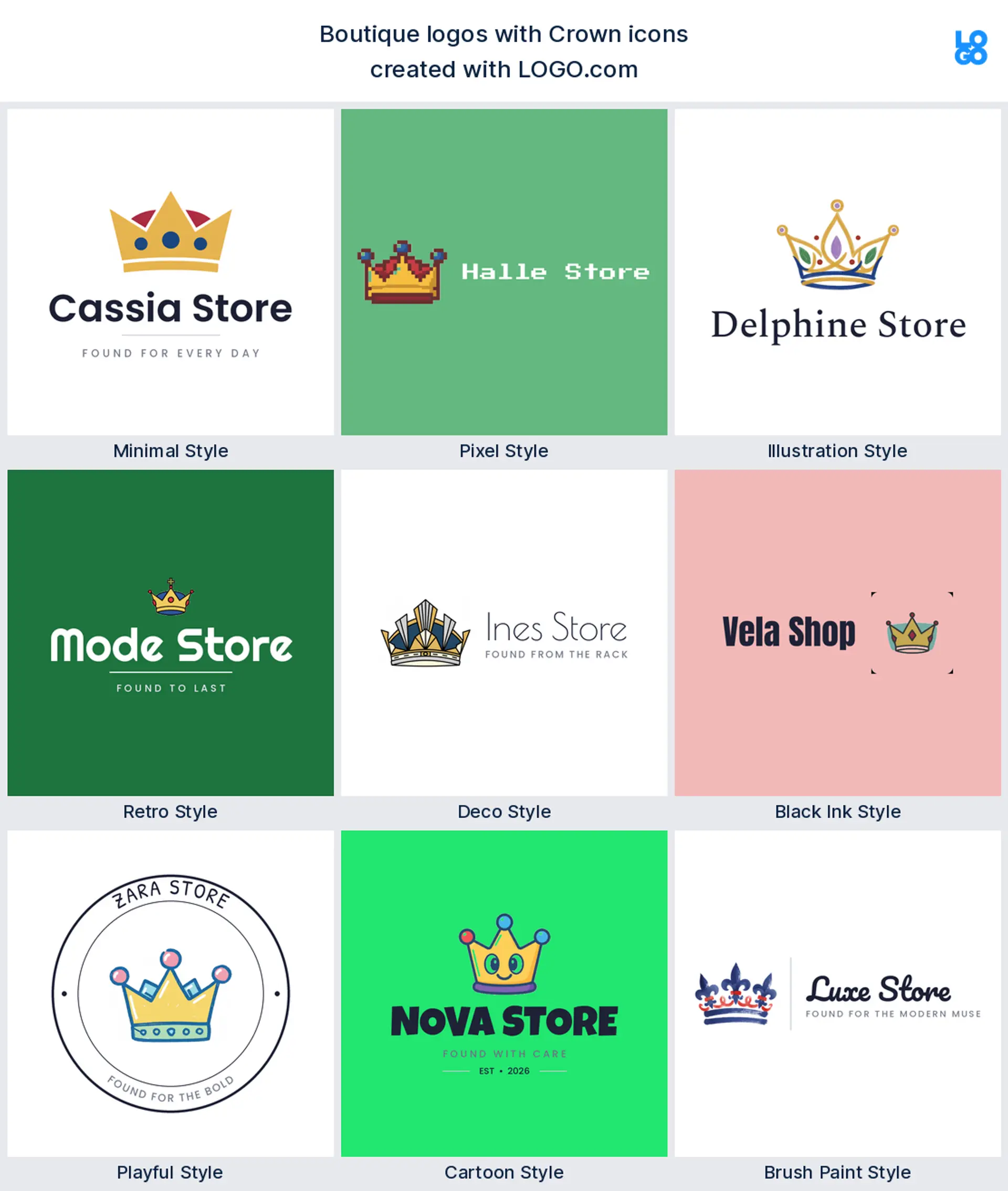 Crown shown across nine LOGO.com logo styles