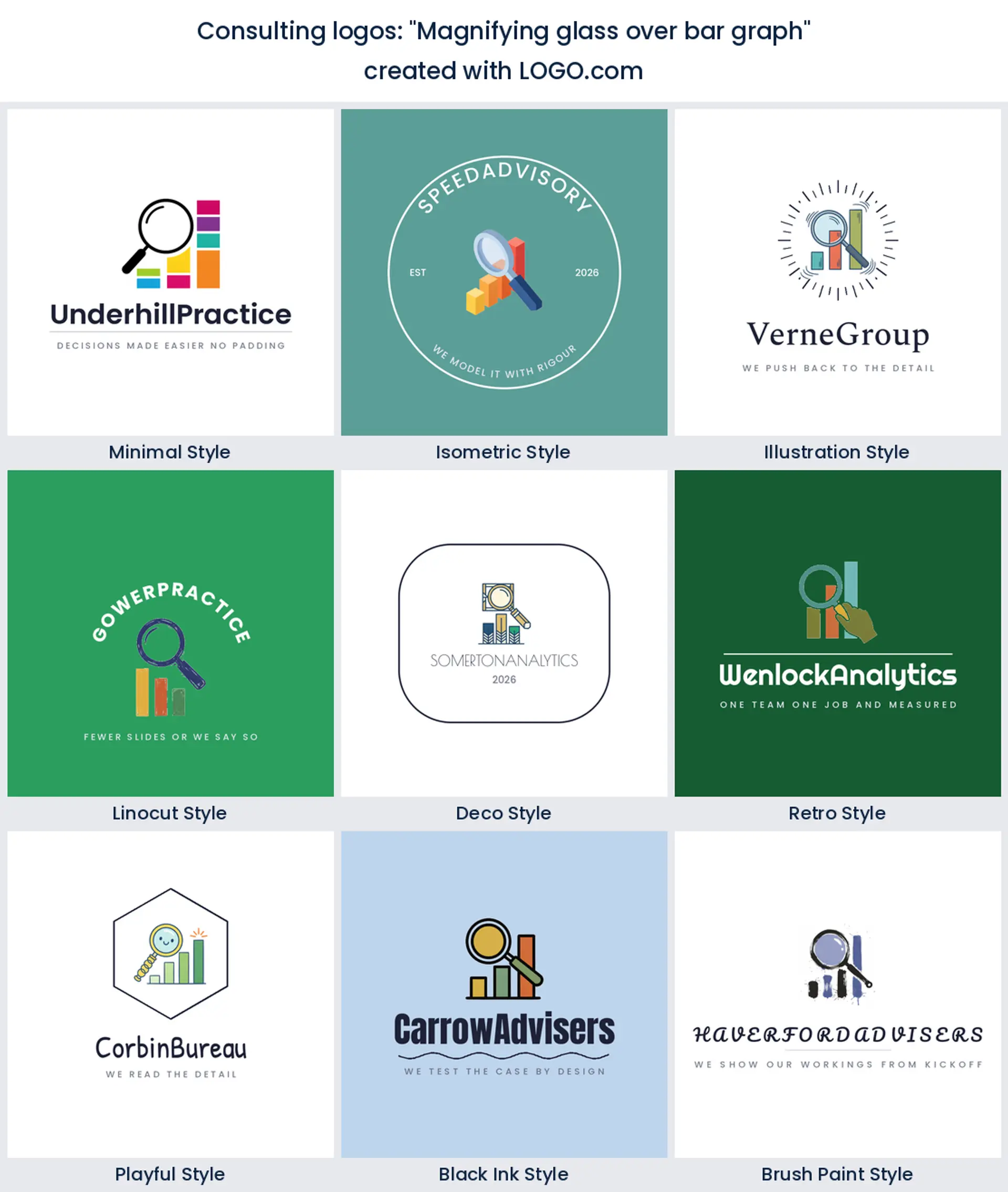 Nine styles of consulting logo with a magnifying glass held over three chart columns