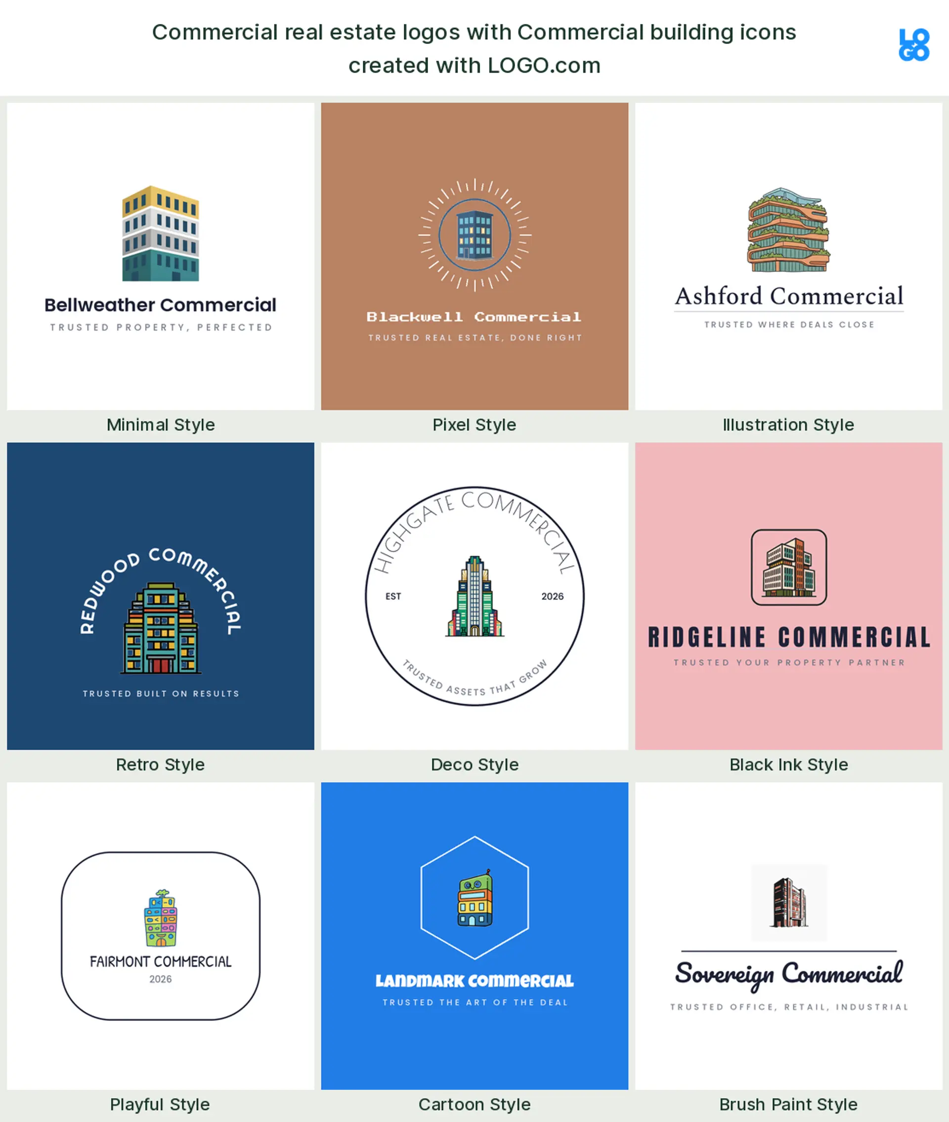 A commercial building, a popular commercial real estate logo symbol, shown across nine styles on LOGO.com