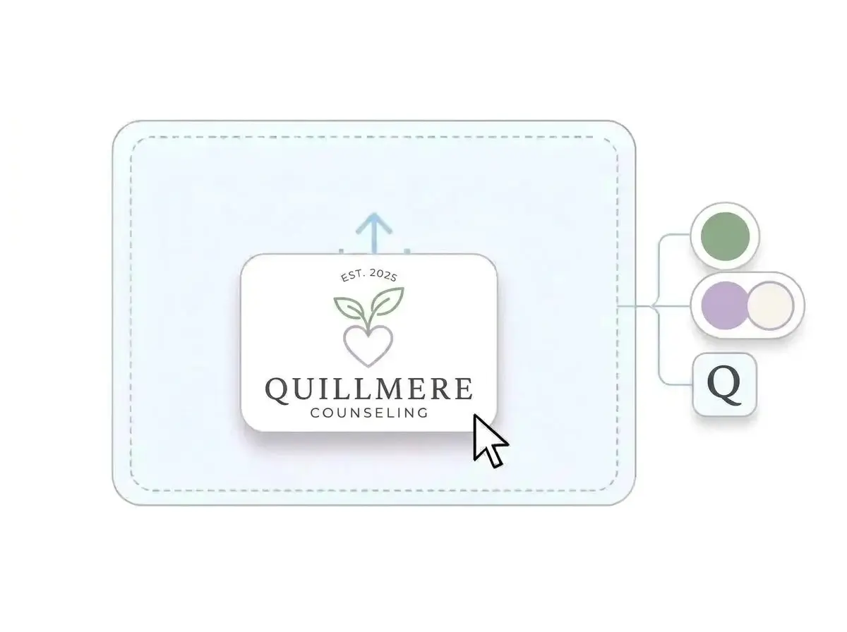 Quillmere Counseling logo, a sprout growing from a heart in sage green and lavender, dropped into the LOGO.com upload box with its colors picked out
