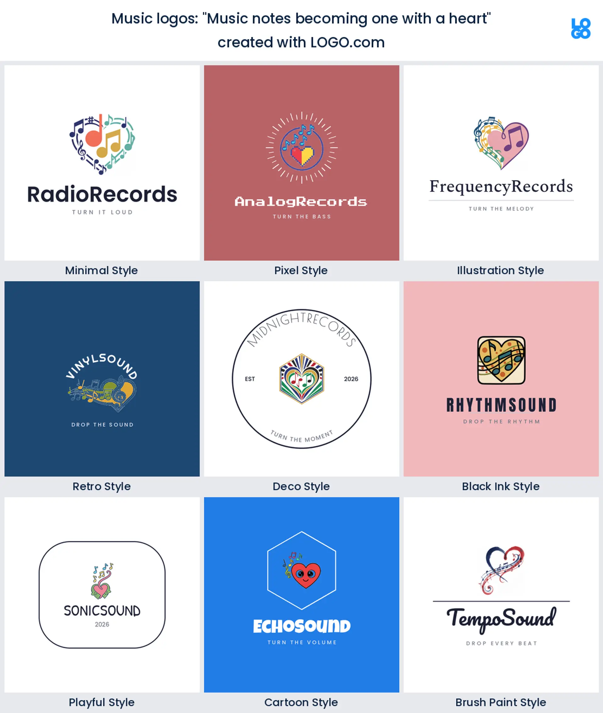 Music notes becoming one with a heart, a music logo idea shown in nine LOGO.com styles
