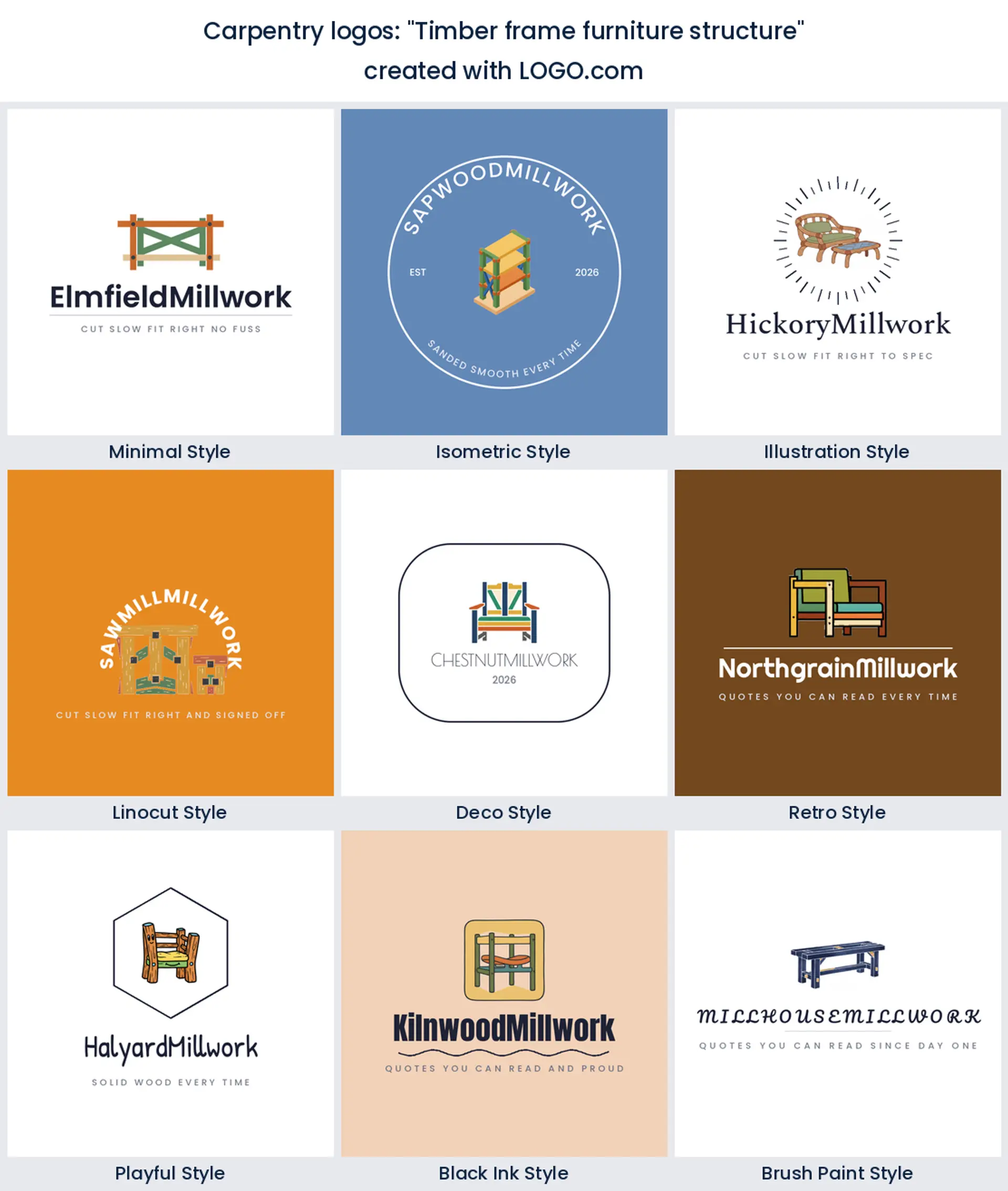 Timber frame furniture structure logo shown across nine LOGO.com styles