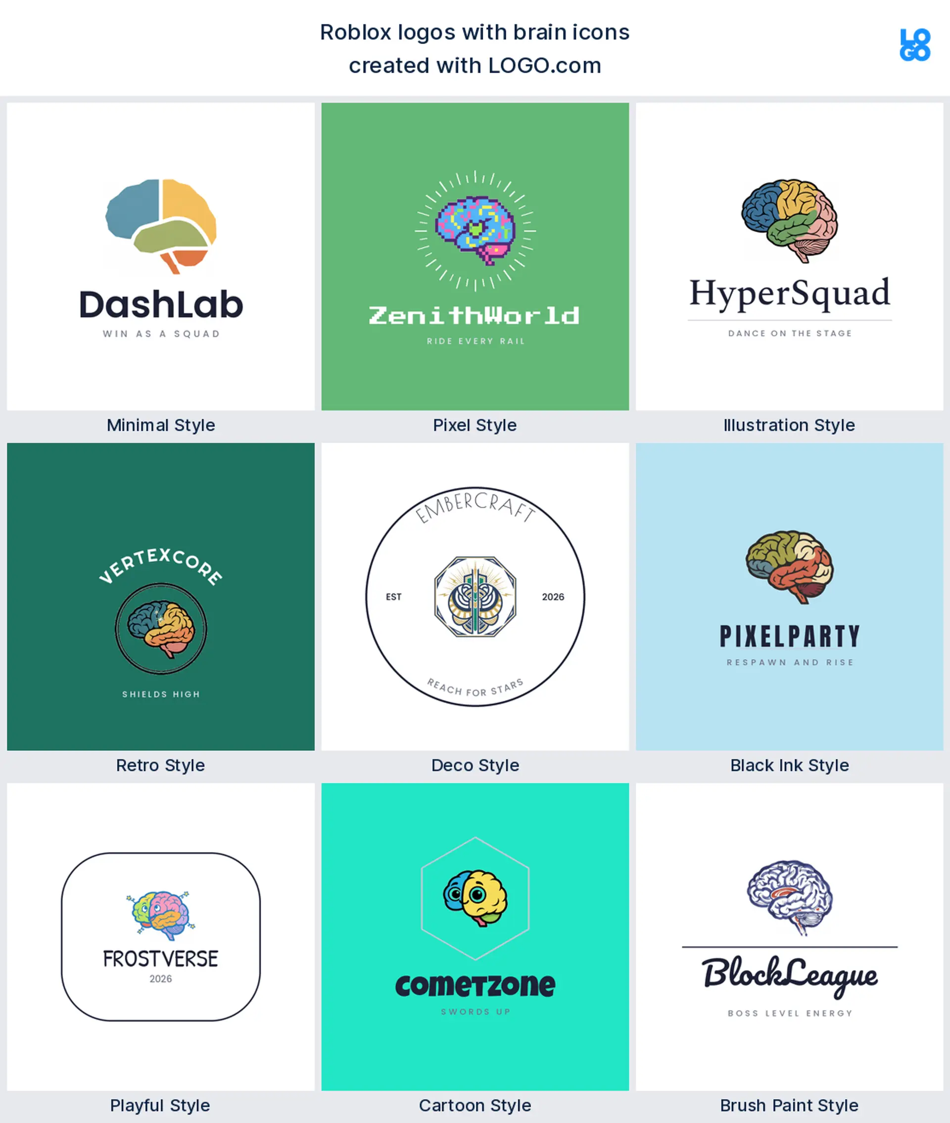 Brain Roblox logos in nine LOGO.com styles