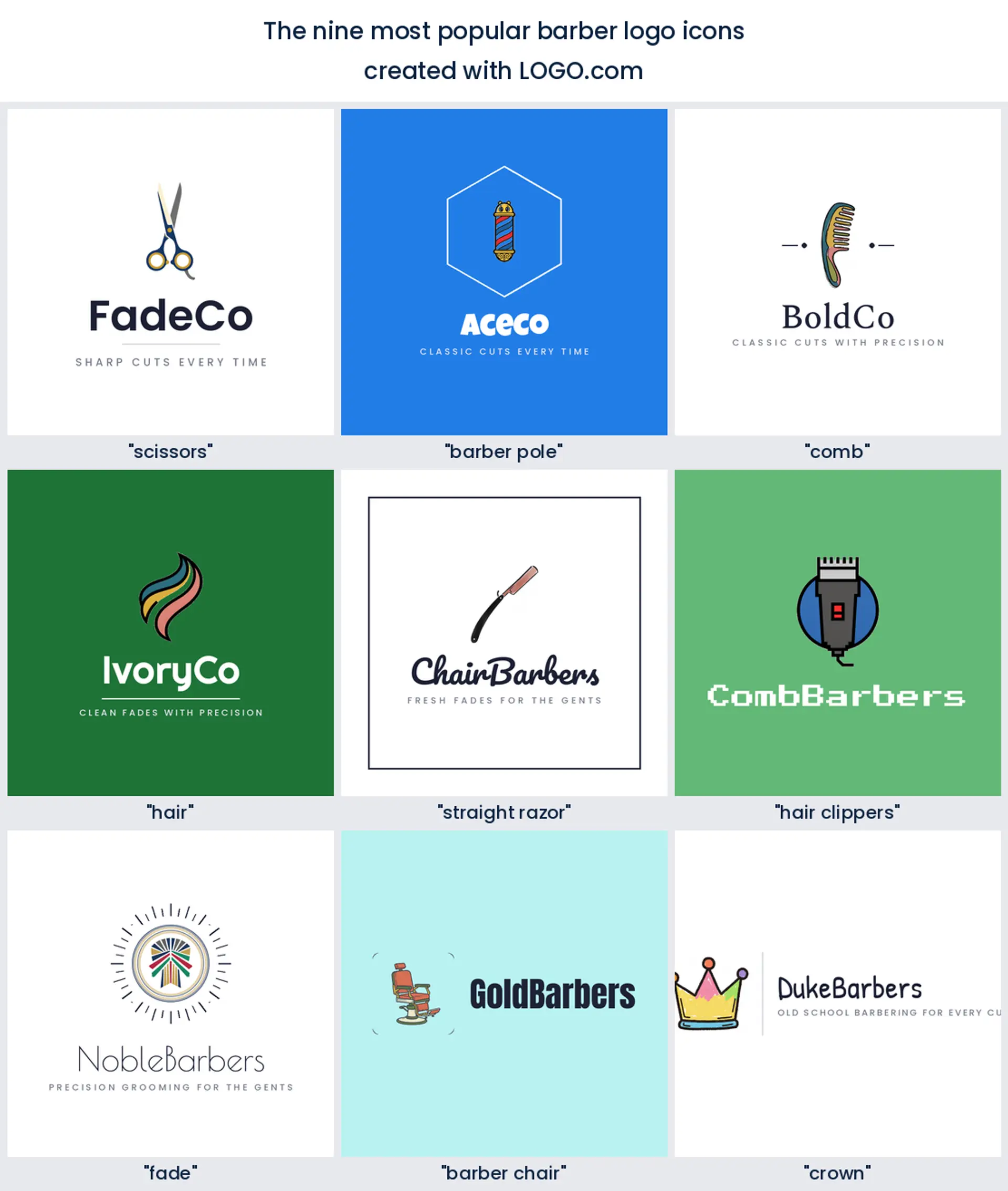The nine most popular barber logo icons on LOGO.com, shown in colored styles.