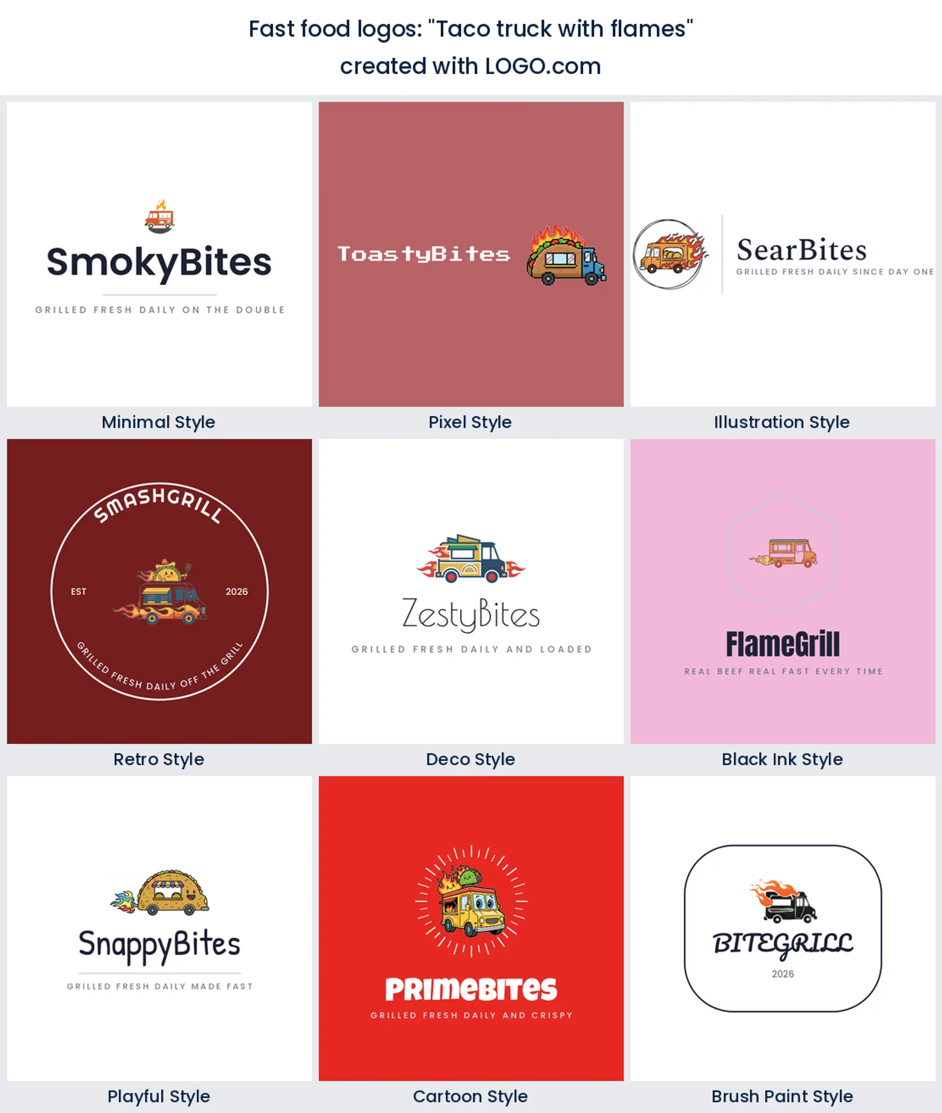 Taco truck with flames logo in nine styles.