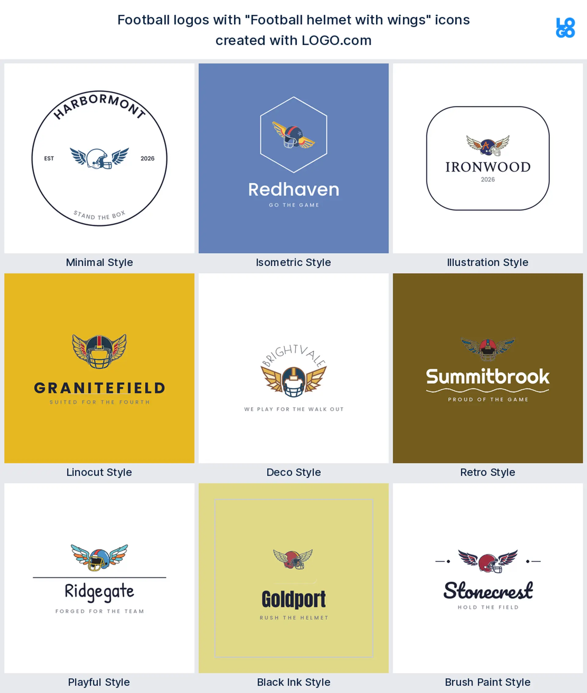 Winged football helmet logo shown in nine LOGO.com styles