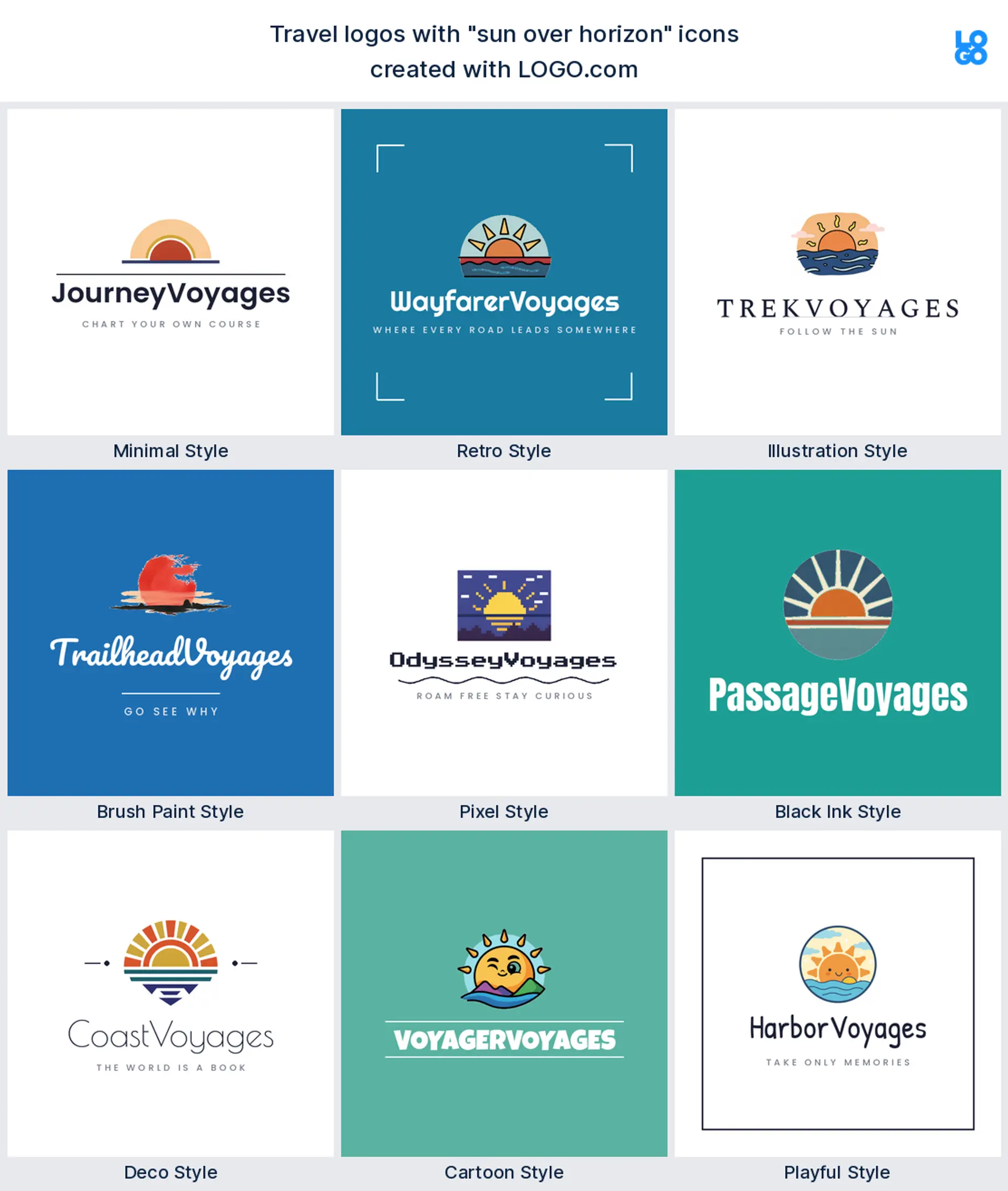 Sun over the horizon, illustrated travel logo shown in nine LOGO.com styles