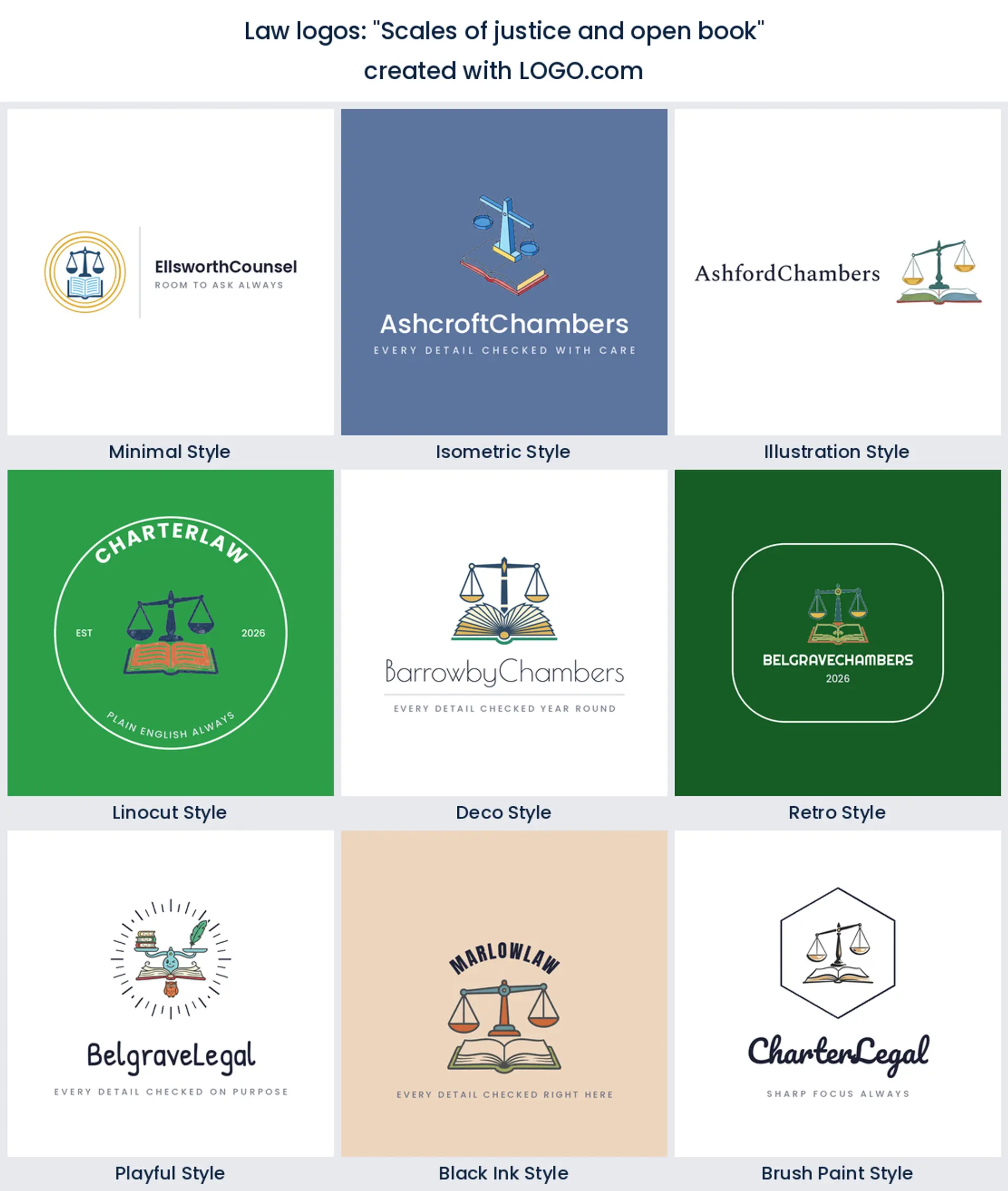 Scales of justice over an open book across nine LOGO.com styles