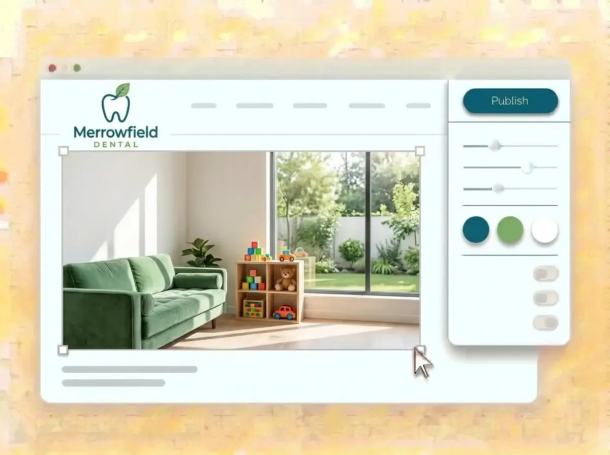 Editing the Merrowfield Dental website with a bright waiting room photo selected, the style panel open and the teal Publish button ready