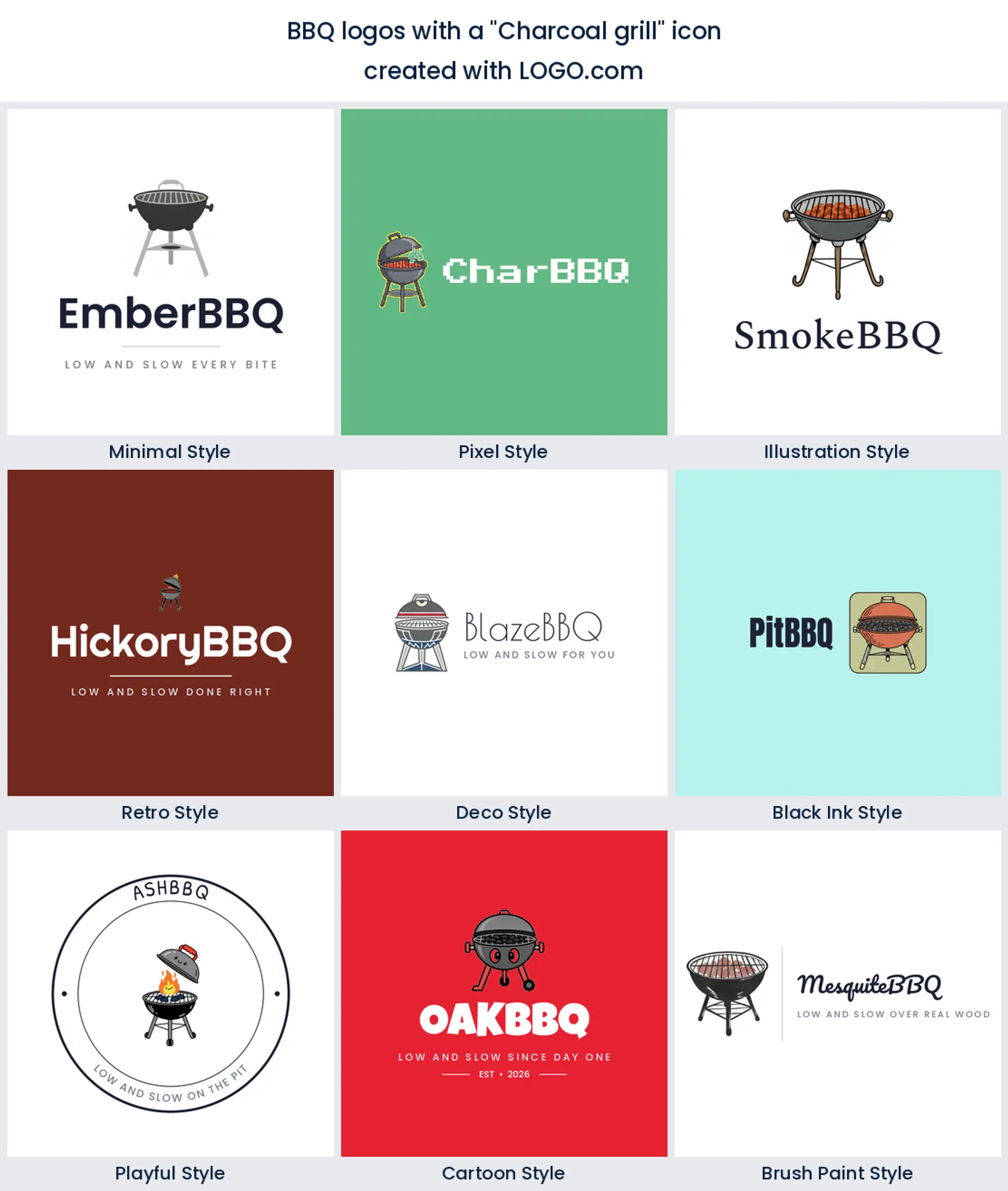 Charcoal grill bbq logo shown in nine LOGO.com styles.