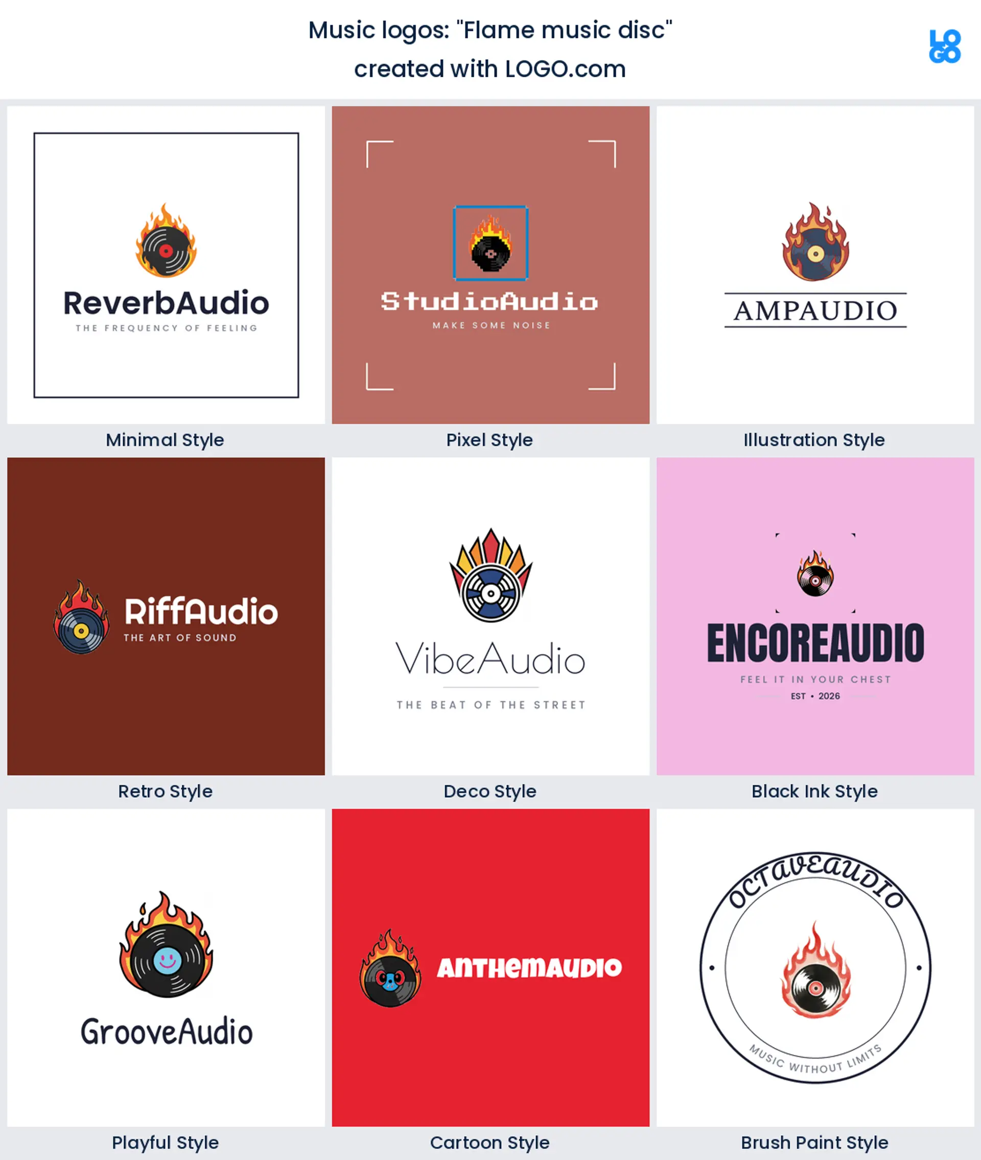Flame music disc, a music logo idea shown in nine LOGO.com styles