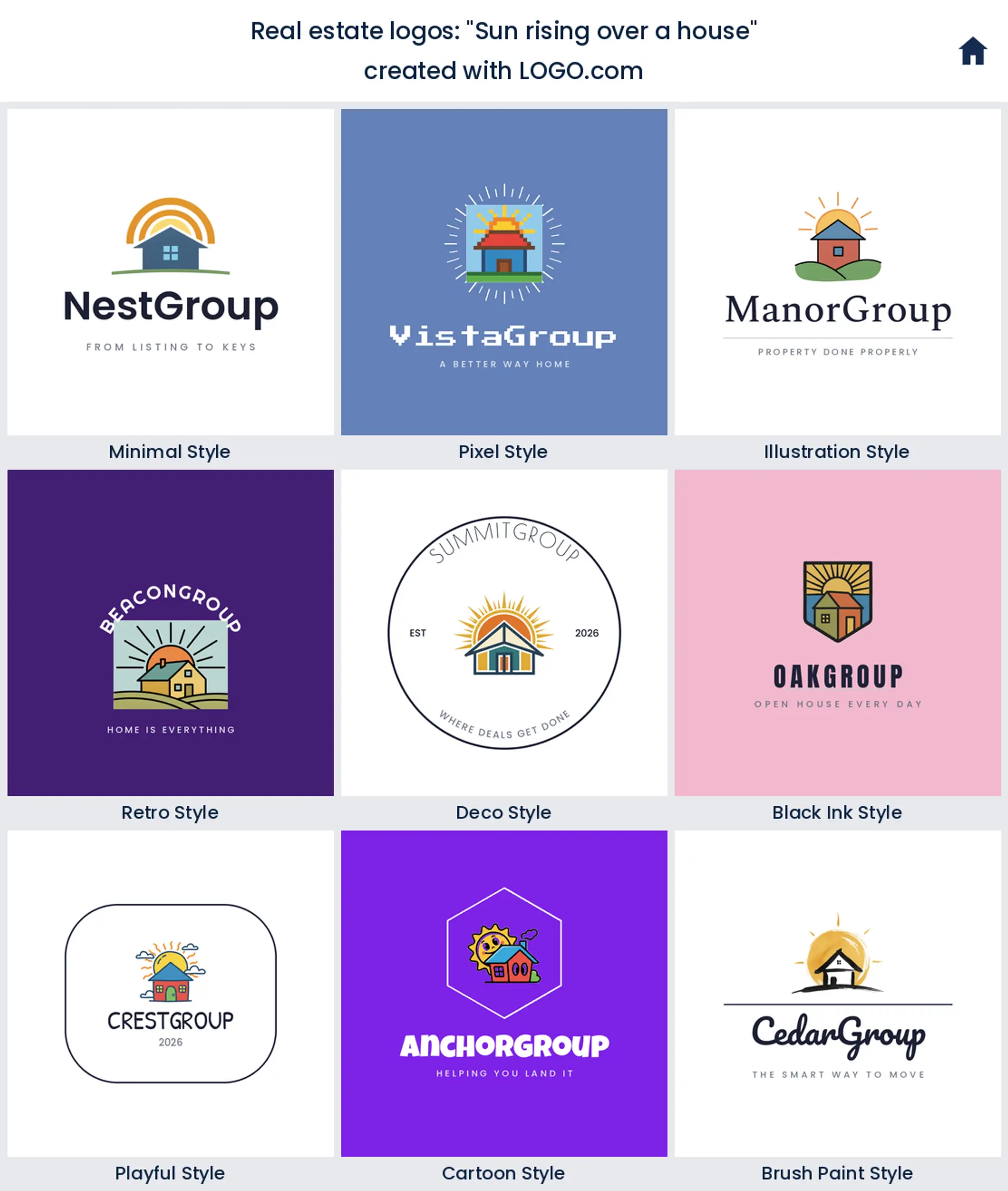 Sun rising over a house, a real estate logo idea shown in nine LOGO.com styles