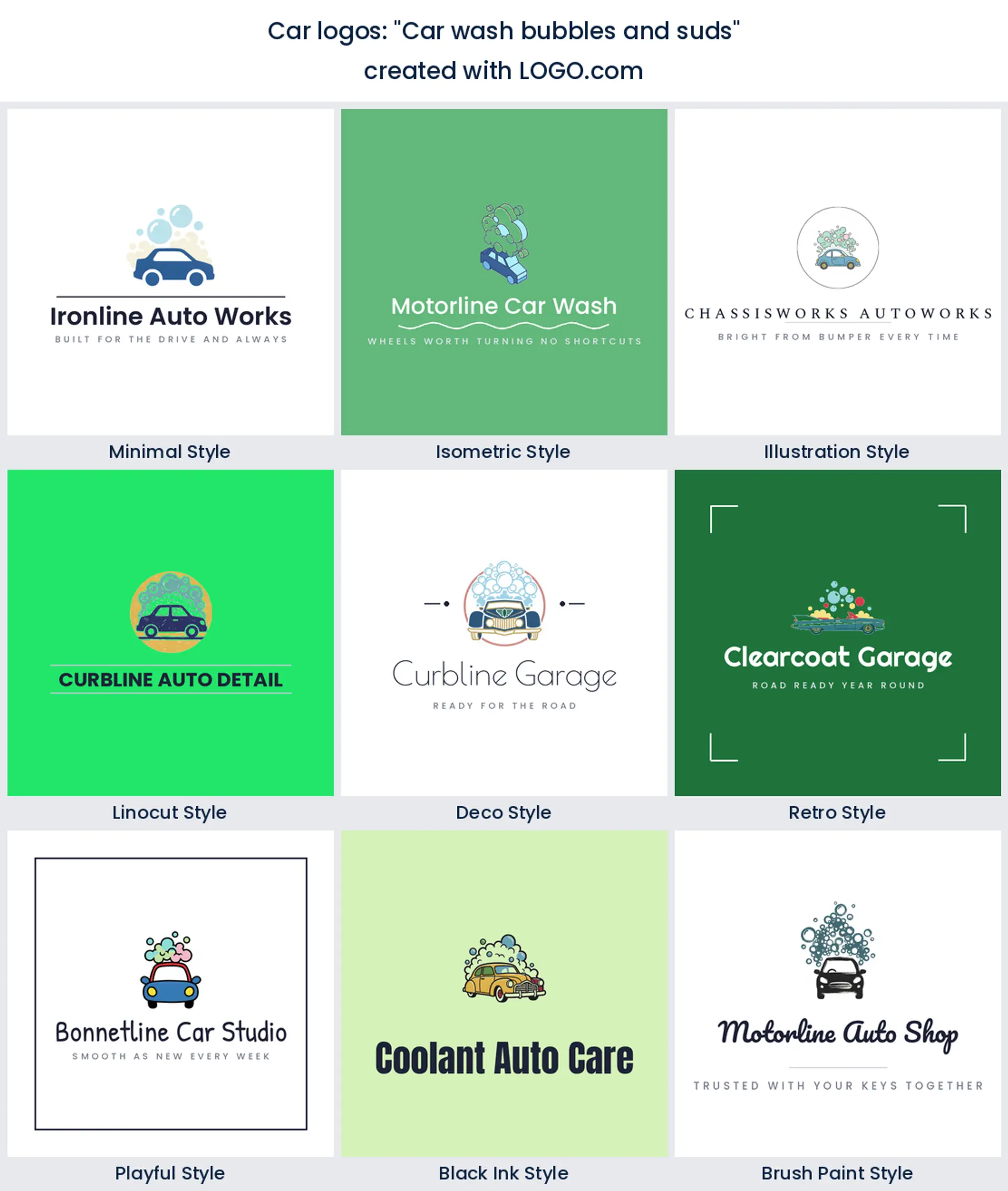 Nine car wash logos of a car under bubbles and suds, across nine styles.