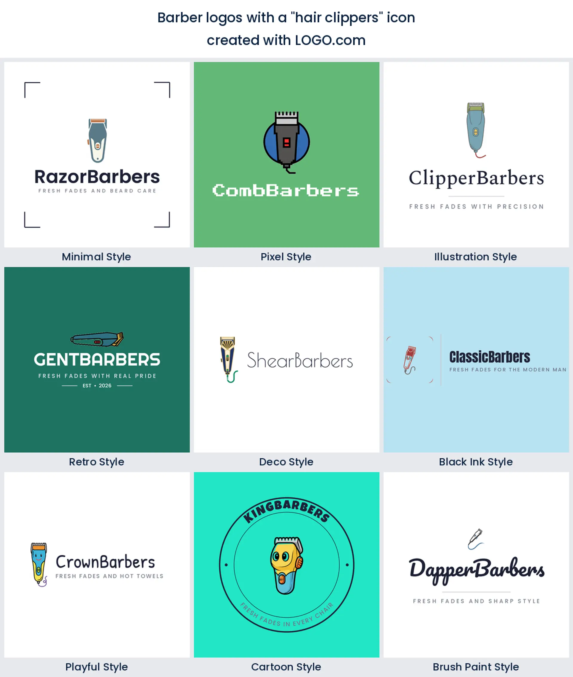 Hair clippers barber logo shown in nine LOGO.com styles.